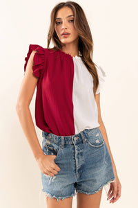 Game Day Ruffle Sleeveless Blouse - CRIMSON/WHITE