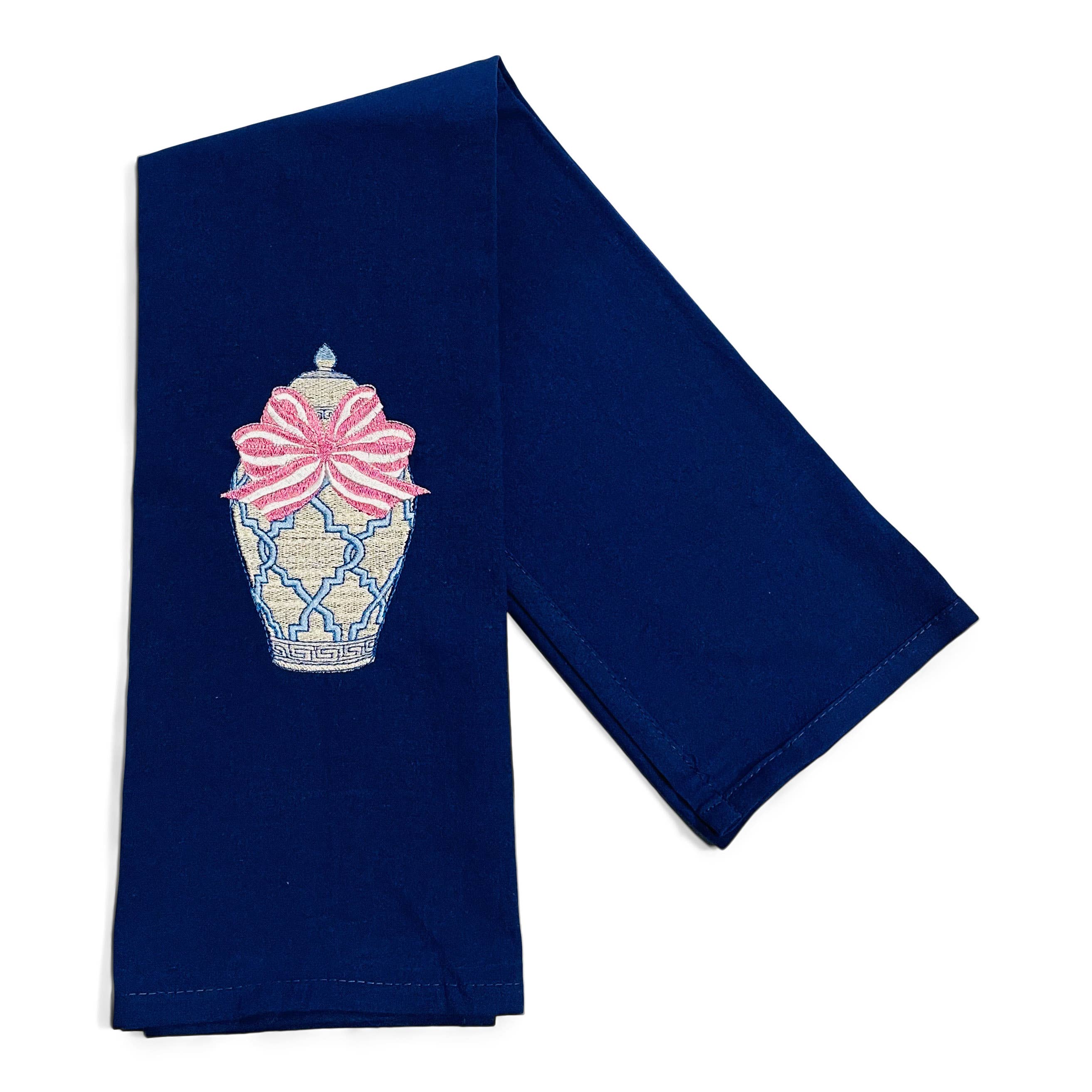 Towel - Ginger Jar with Pink Bow on navy