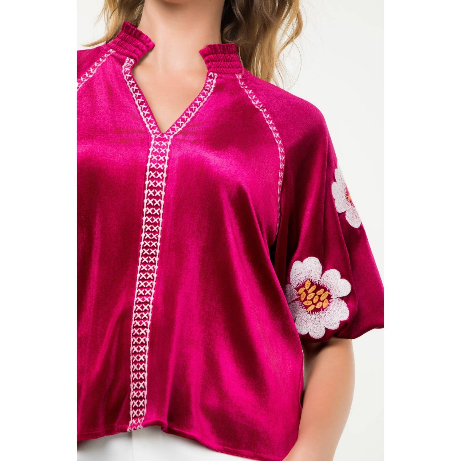 Magenta Velvet Puff Sleeve Top