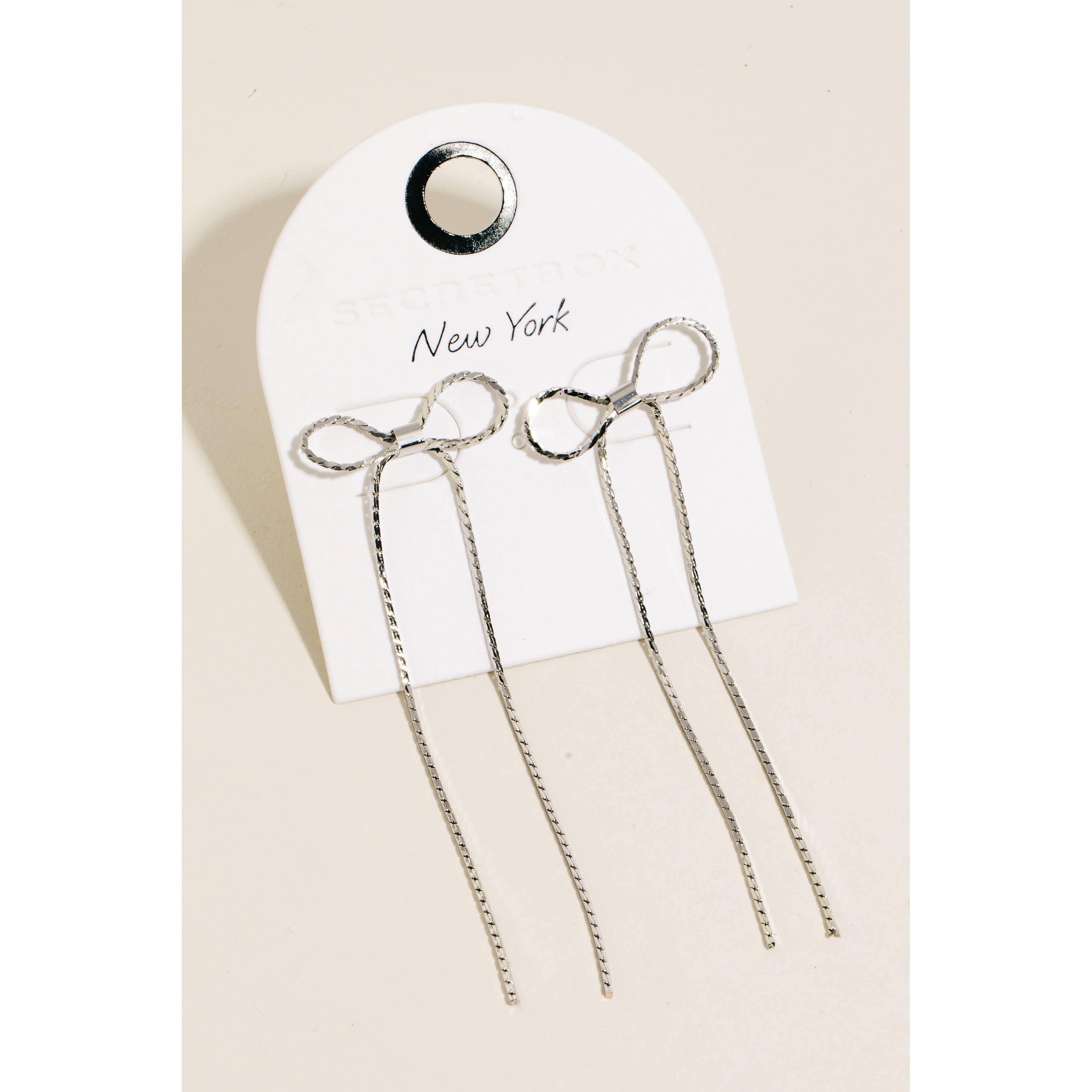 Long Dainty Metallic Ribbon Bow Stud Dangle Earrings