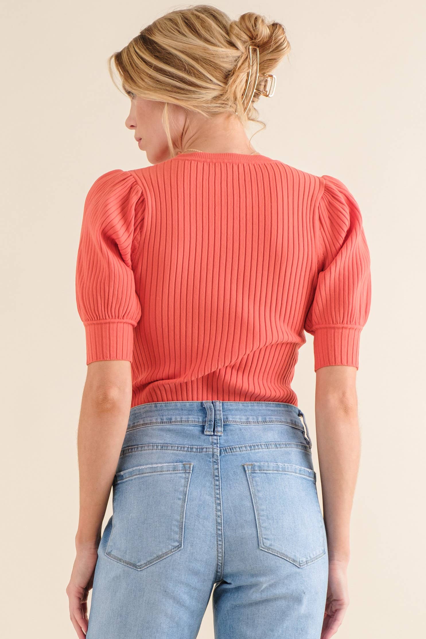 Puffed Half Sleeve Ribbed Bodysuit