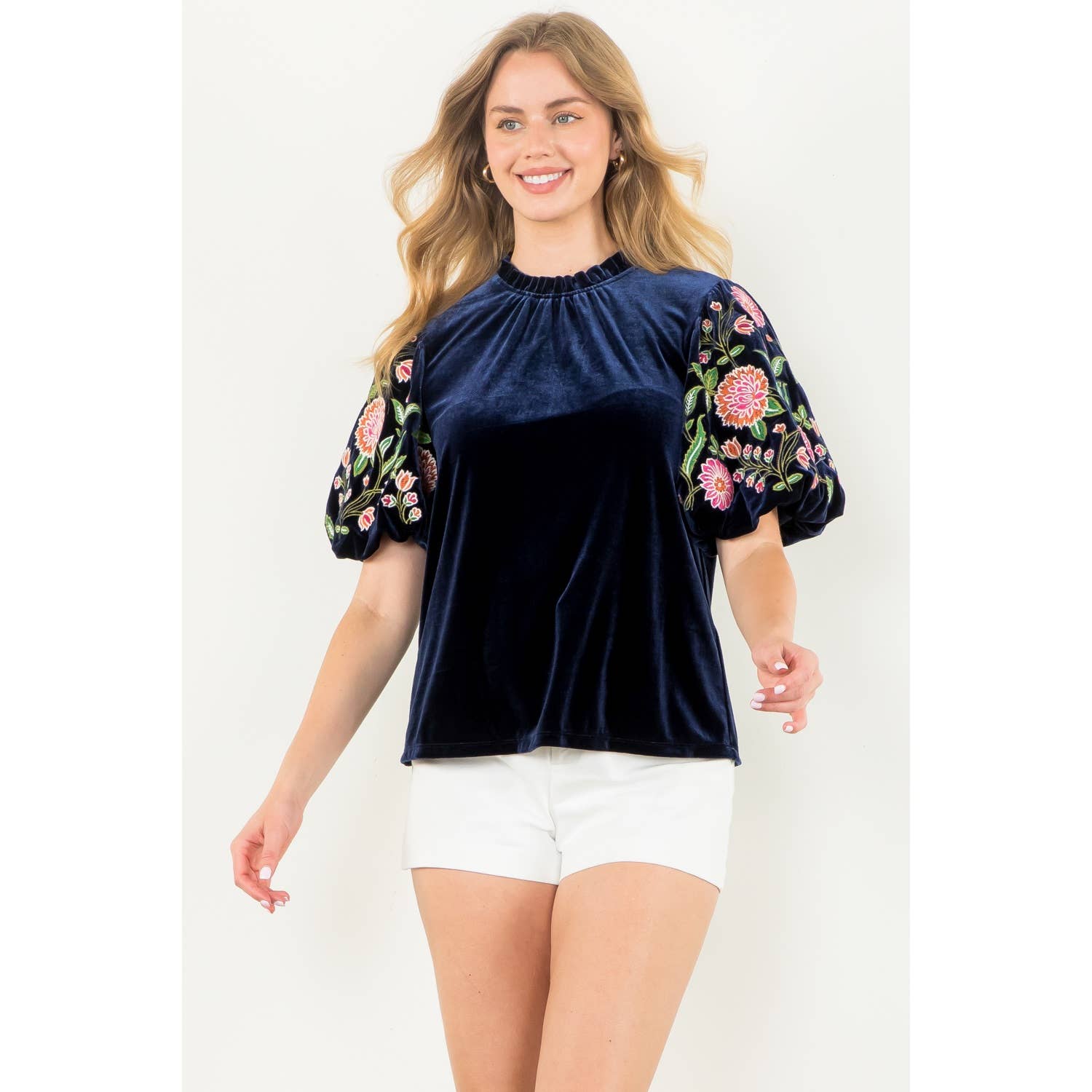 Navy Velvet Floral Puff Sleeve Top