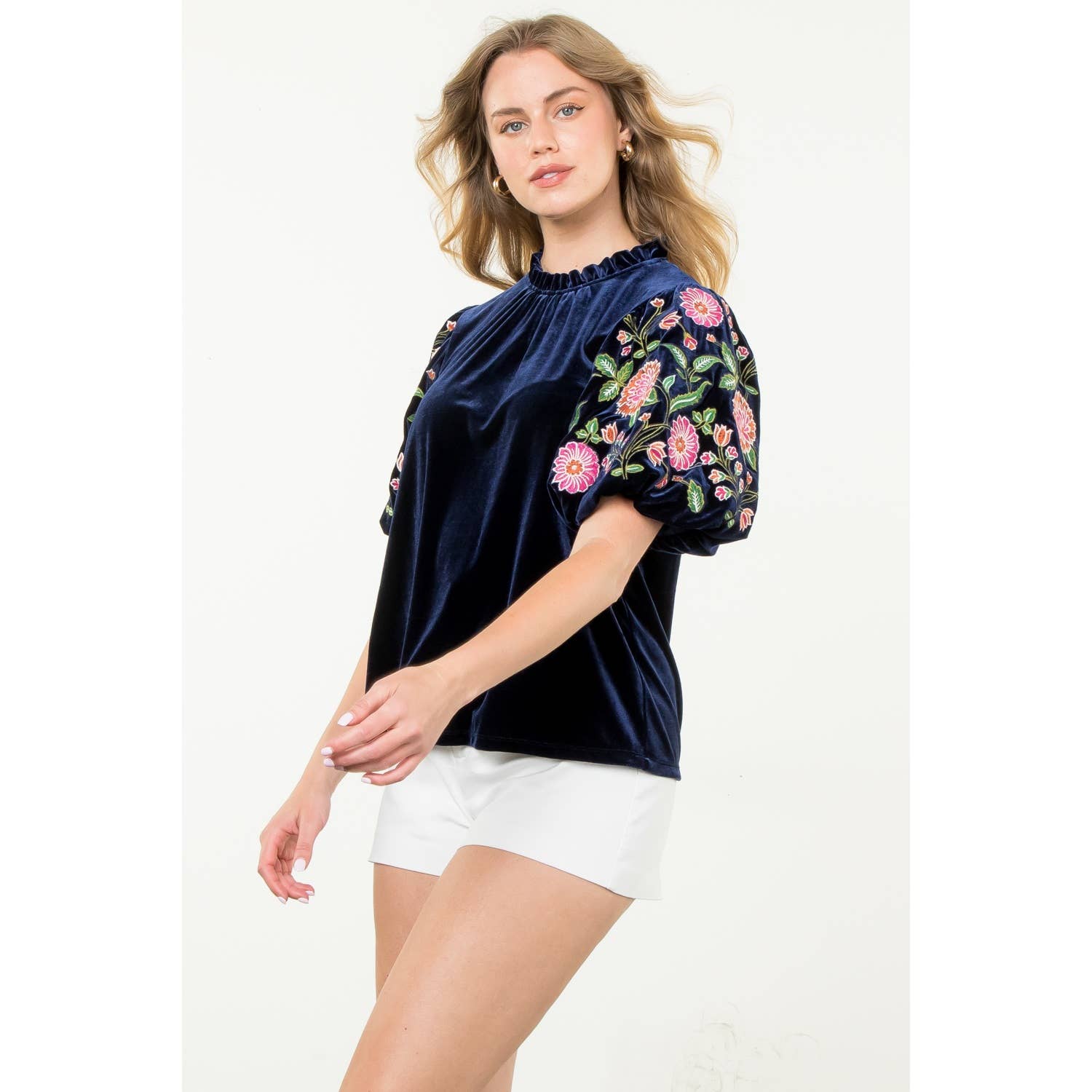Navy Velvet Floral Puff Sleeve Top