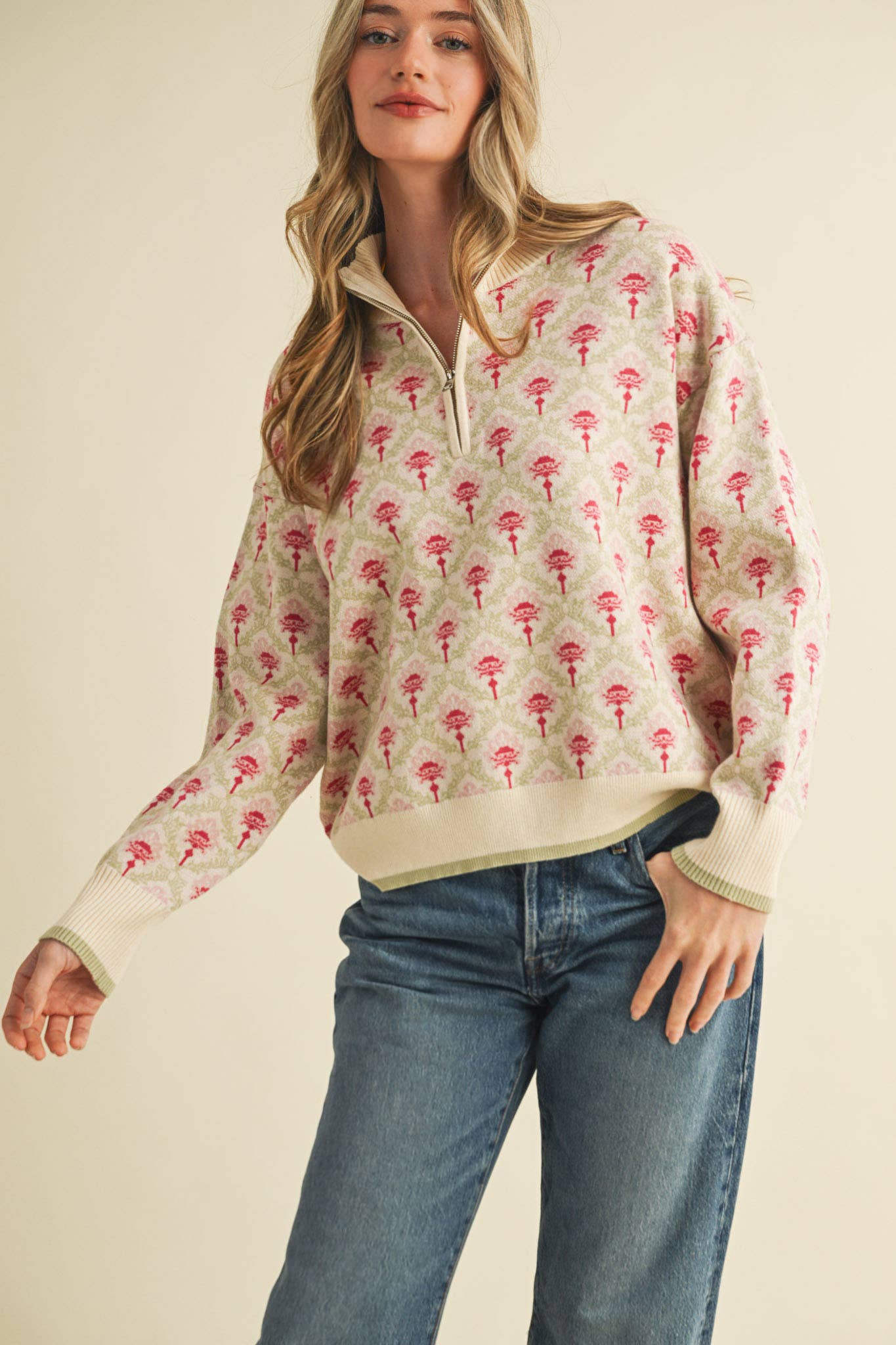 In The Air- Floral Half Zip Pullover