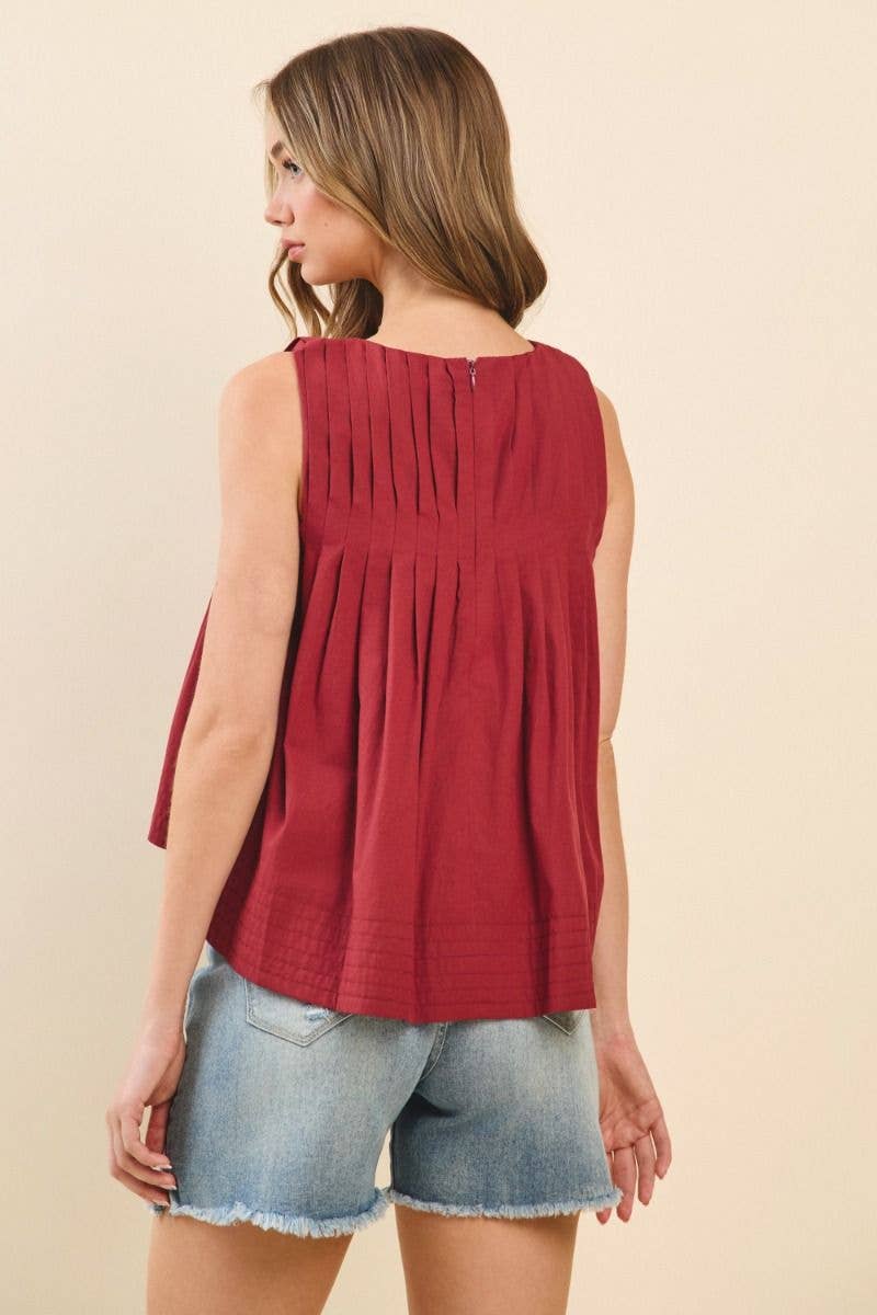 CT9082-Pleated Detail High Low Sleeveless Top
