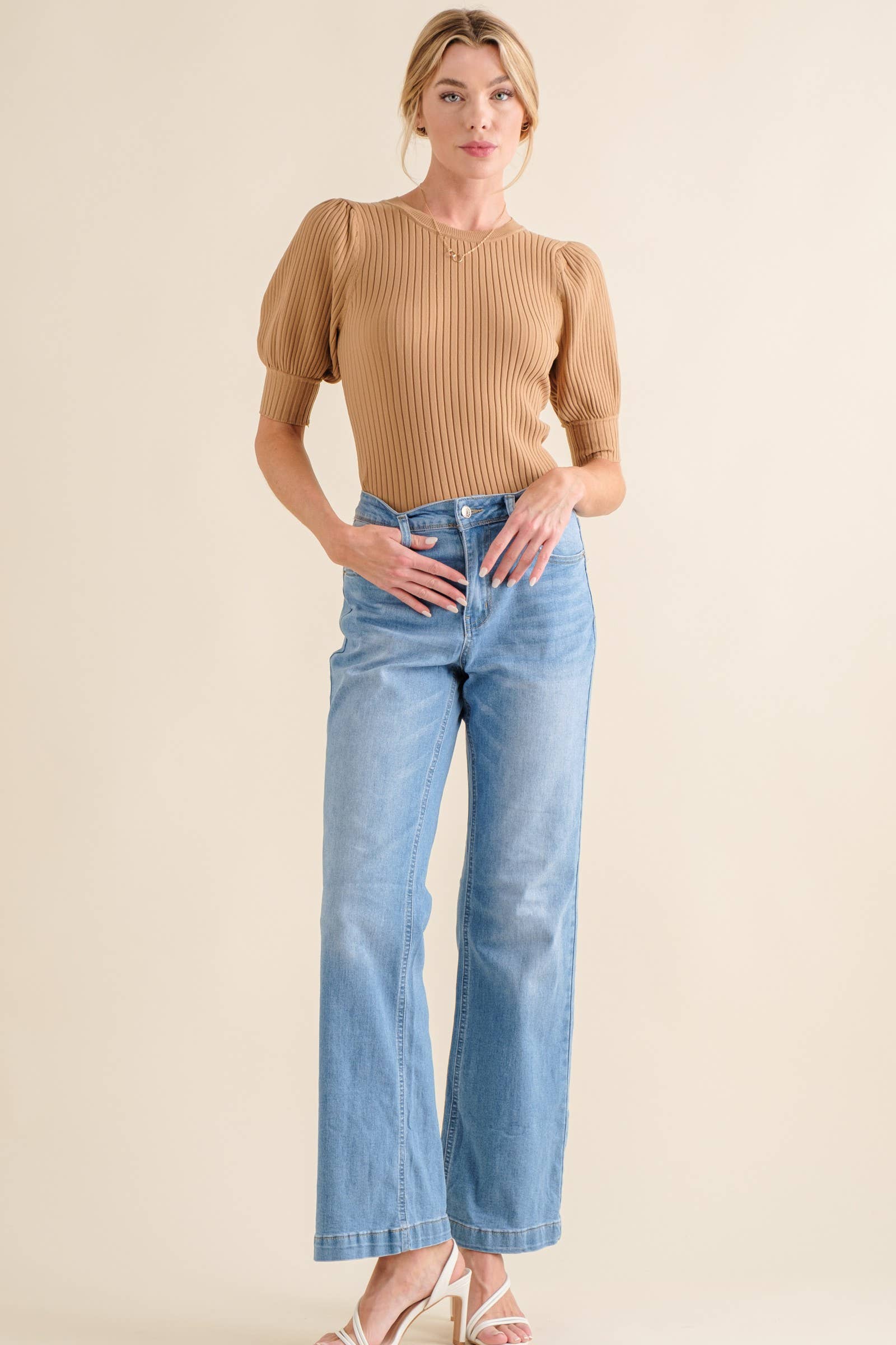 Puffed Half Sleeve Ribbed Bodysuit