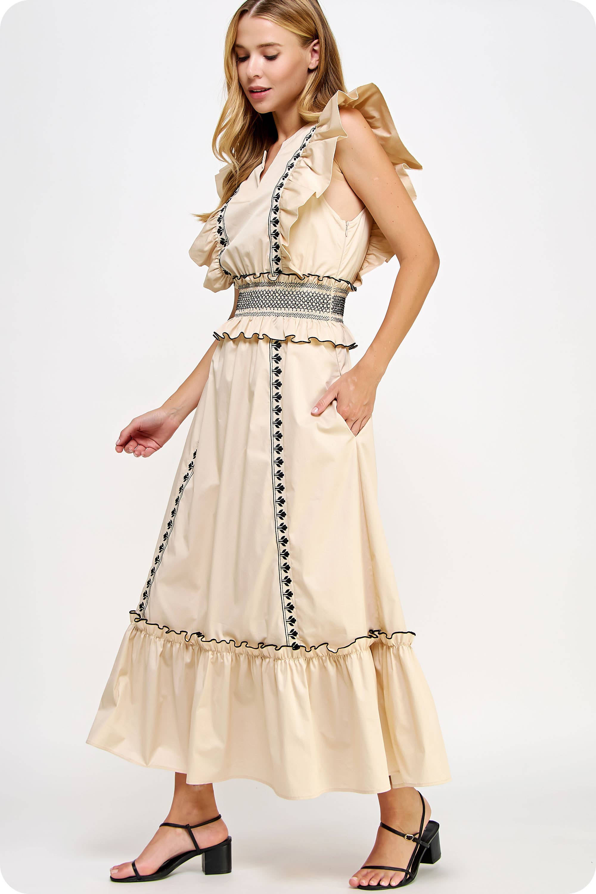 Just The Best~ Contrast Embroidered Ruffle Sleeve Maxi