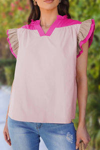 You Got This Pink Colorblock Ruffle Sleeve Blouse