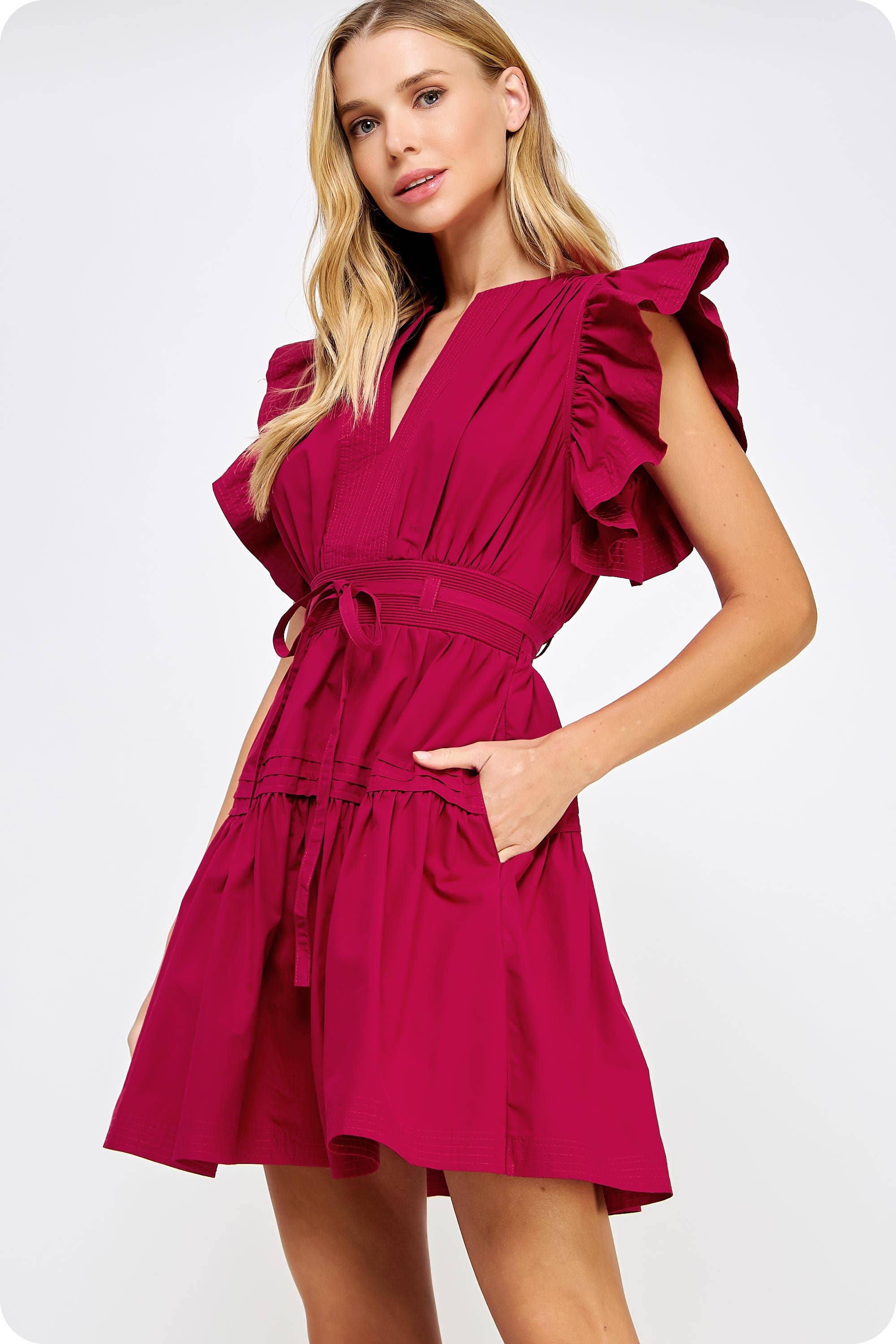Fancy's Favorite~Maroon Flutter Sleeve Poplin Mini Dress