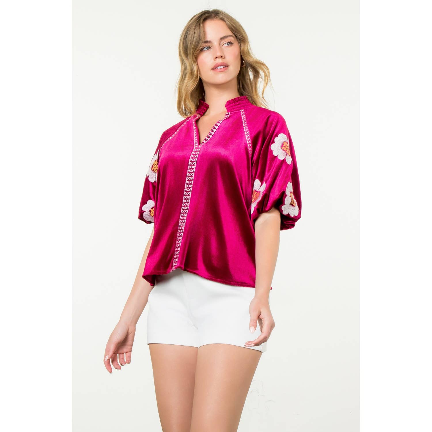 Magenta Velvet Puff Sleeve Top