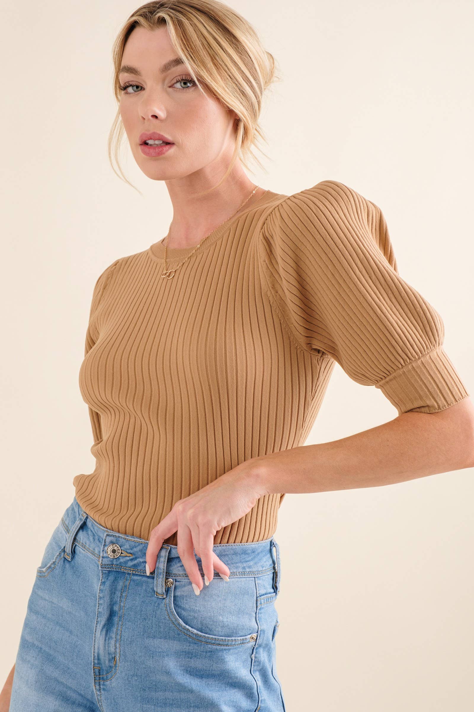 Puffed Half Sleeve Ribbed Bodysuit