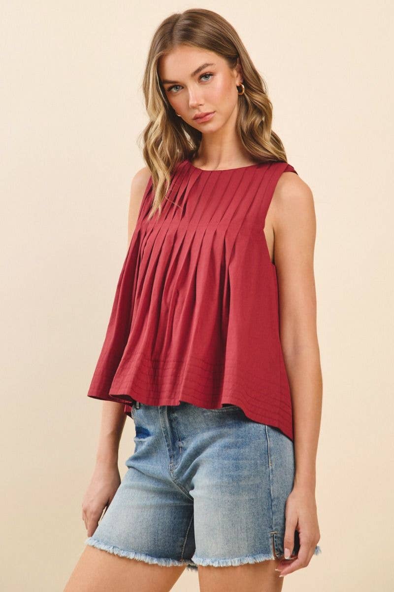 CT9082-Pleated Detail High Low Sleeveless Top