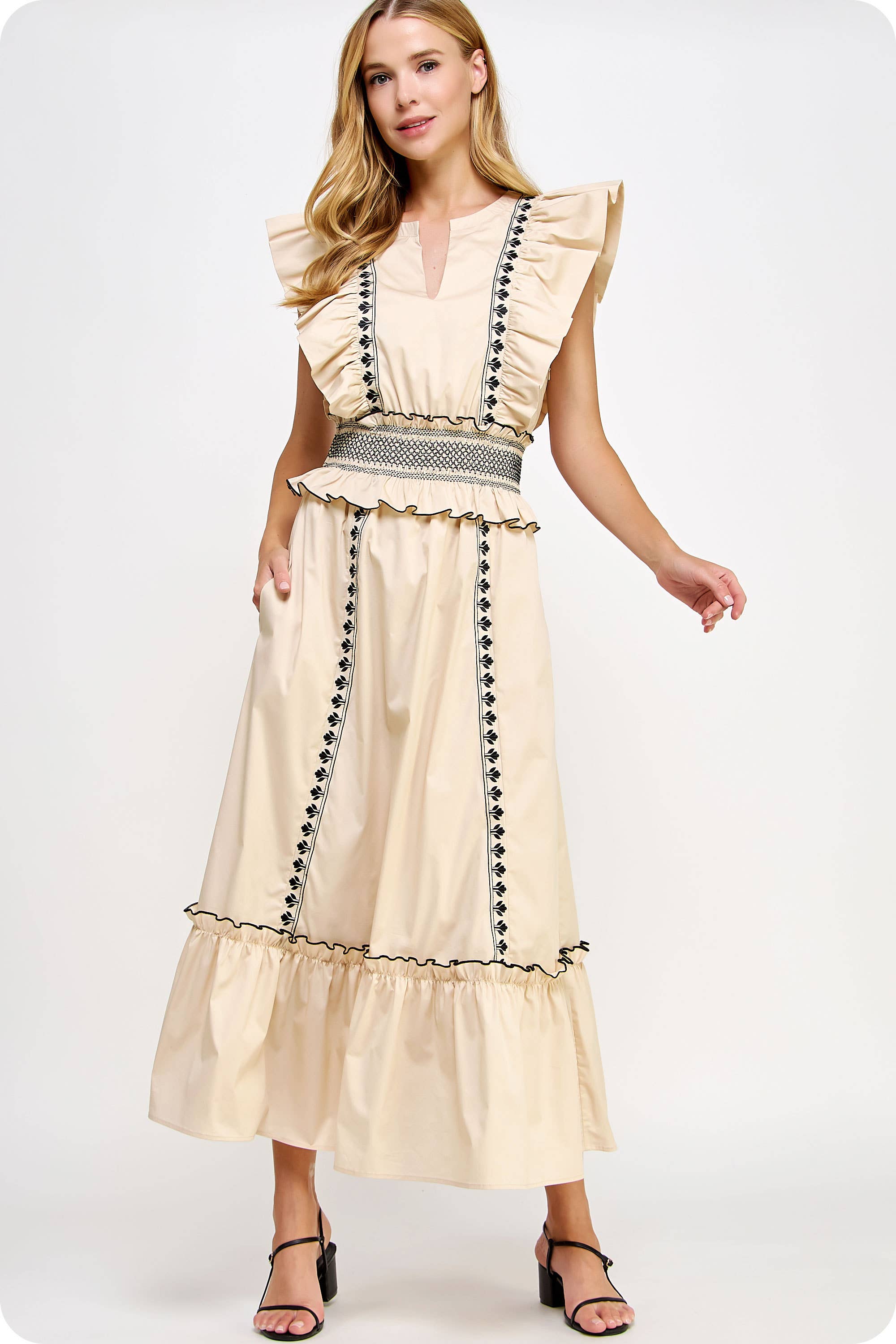 Just The Best~ Contrast Embroidered Ruffle Sleeve Maxi