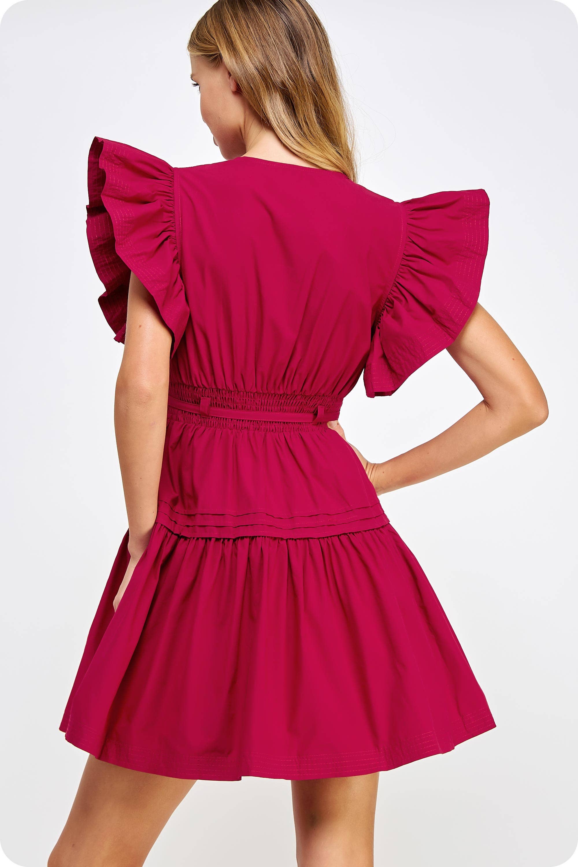 Fancy's Favorite~Maroon Flutter Sleeve Poplin Mini Dress