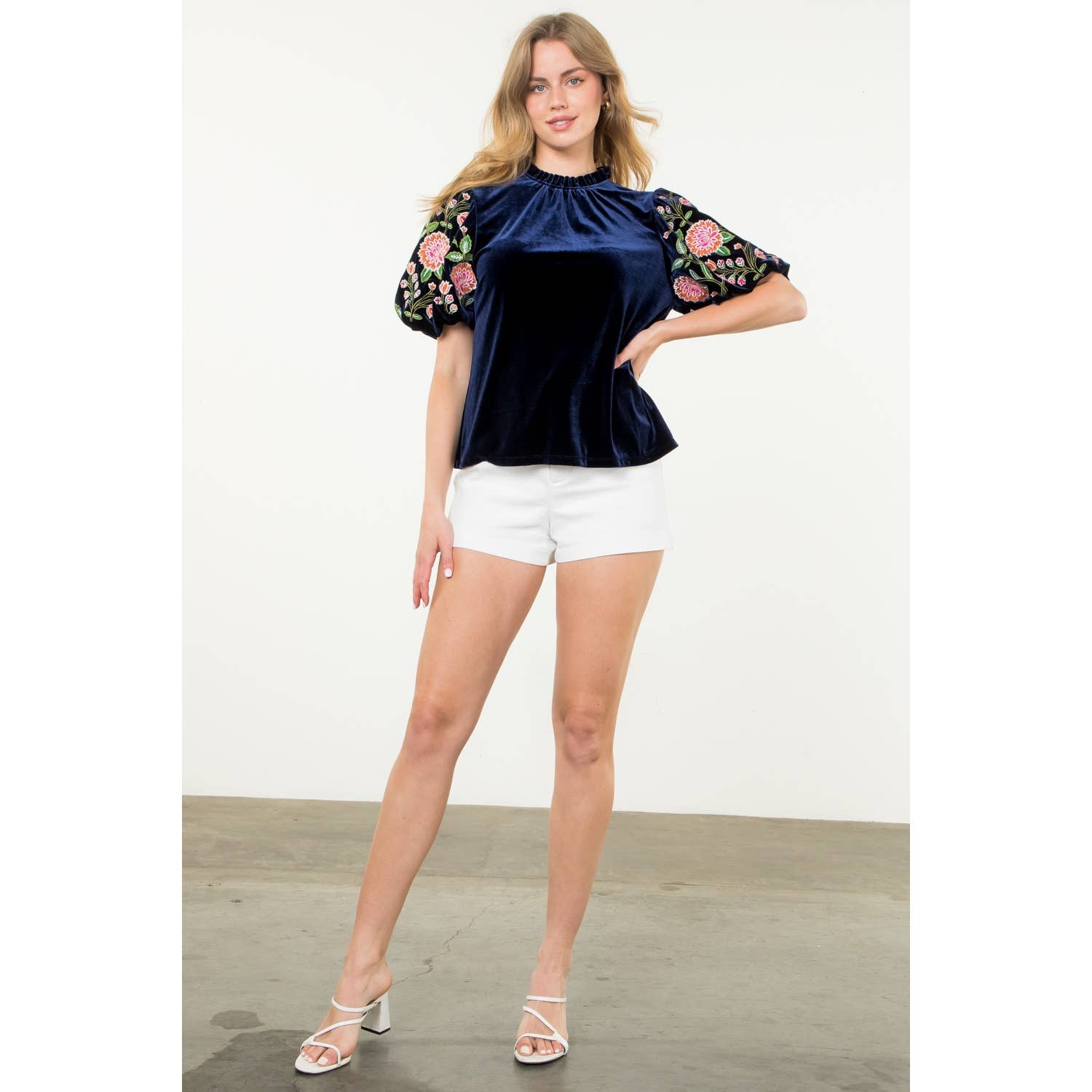 Navy Velvet Floral Puff Sleeve Top