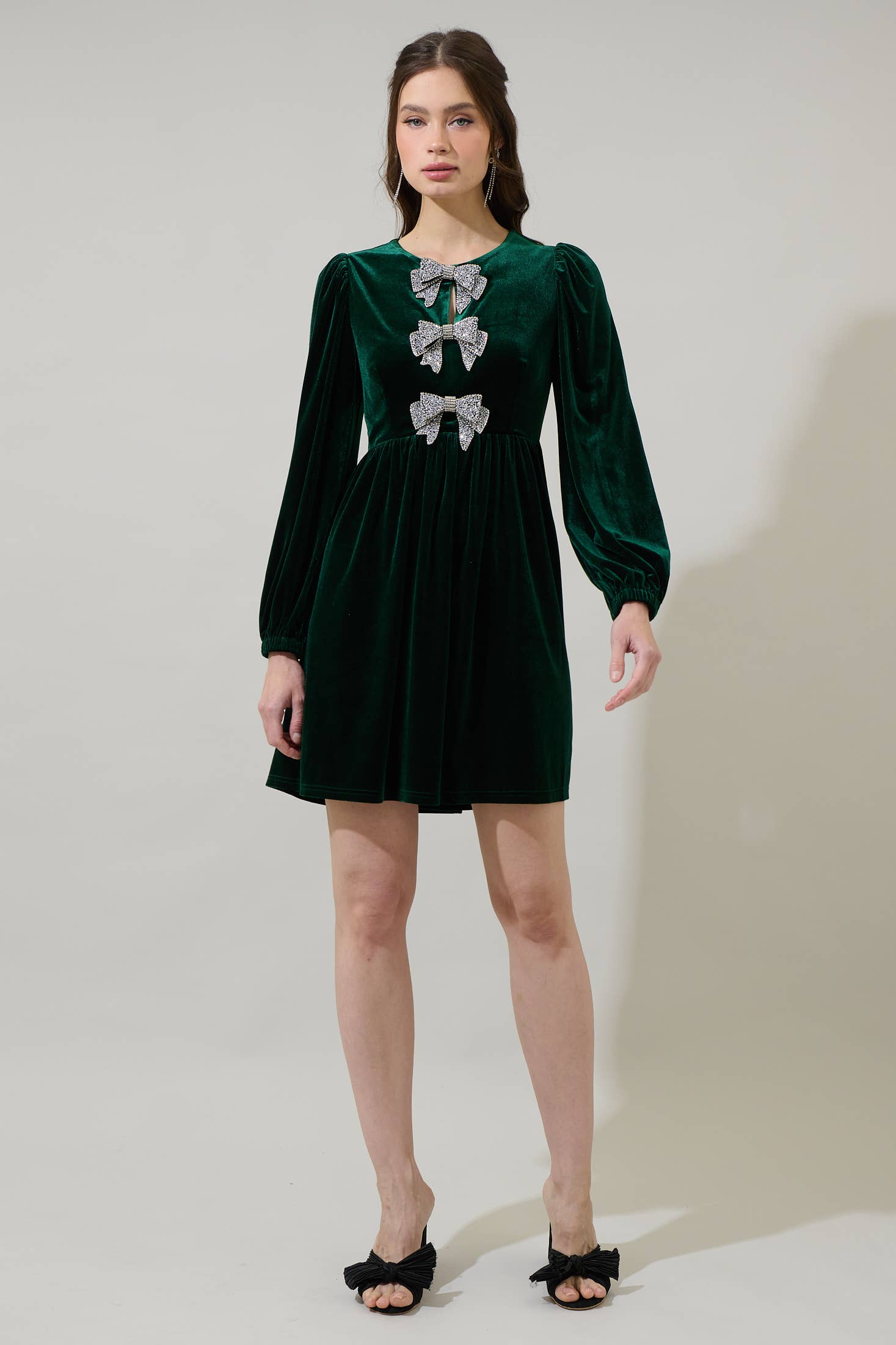 Glow Bow Velvet Mini Dress- Emerald