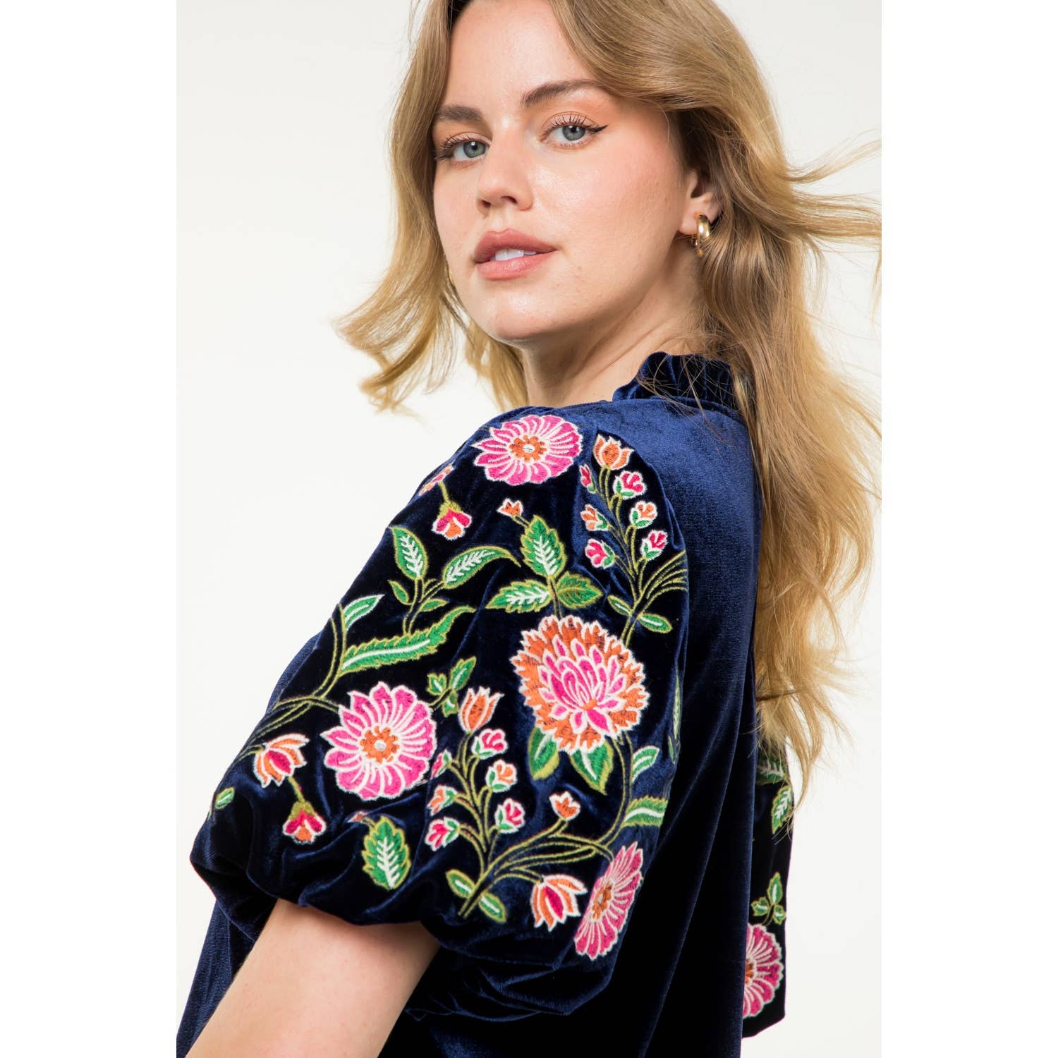 Navy Velvet Floral Puff Sleeve Top