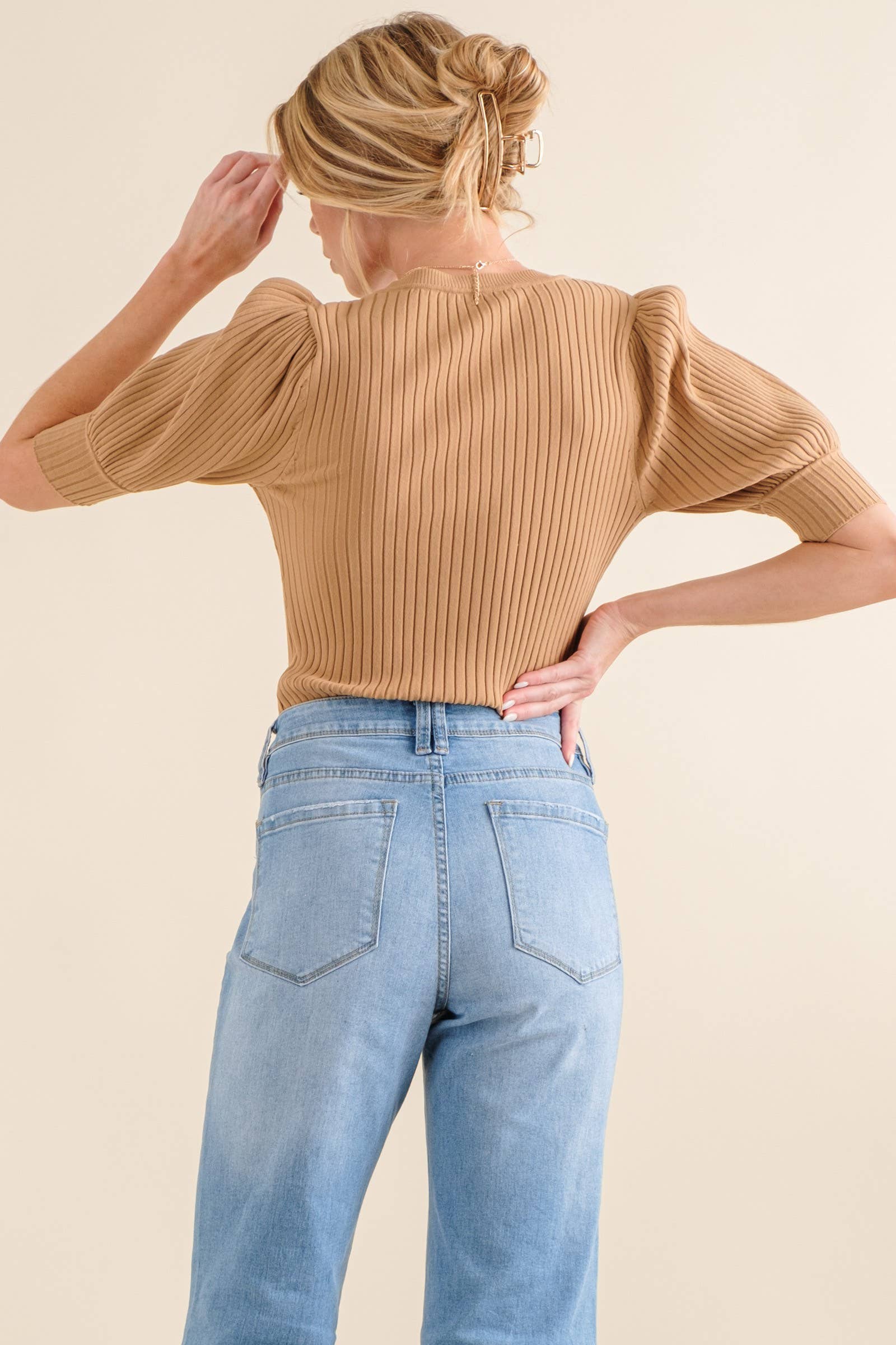 Puffed Half Sleeve Ribbed Bodysuit