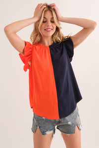 Game Day Ruffle Sleeveless Blouse ORANGE/NAVY