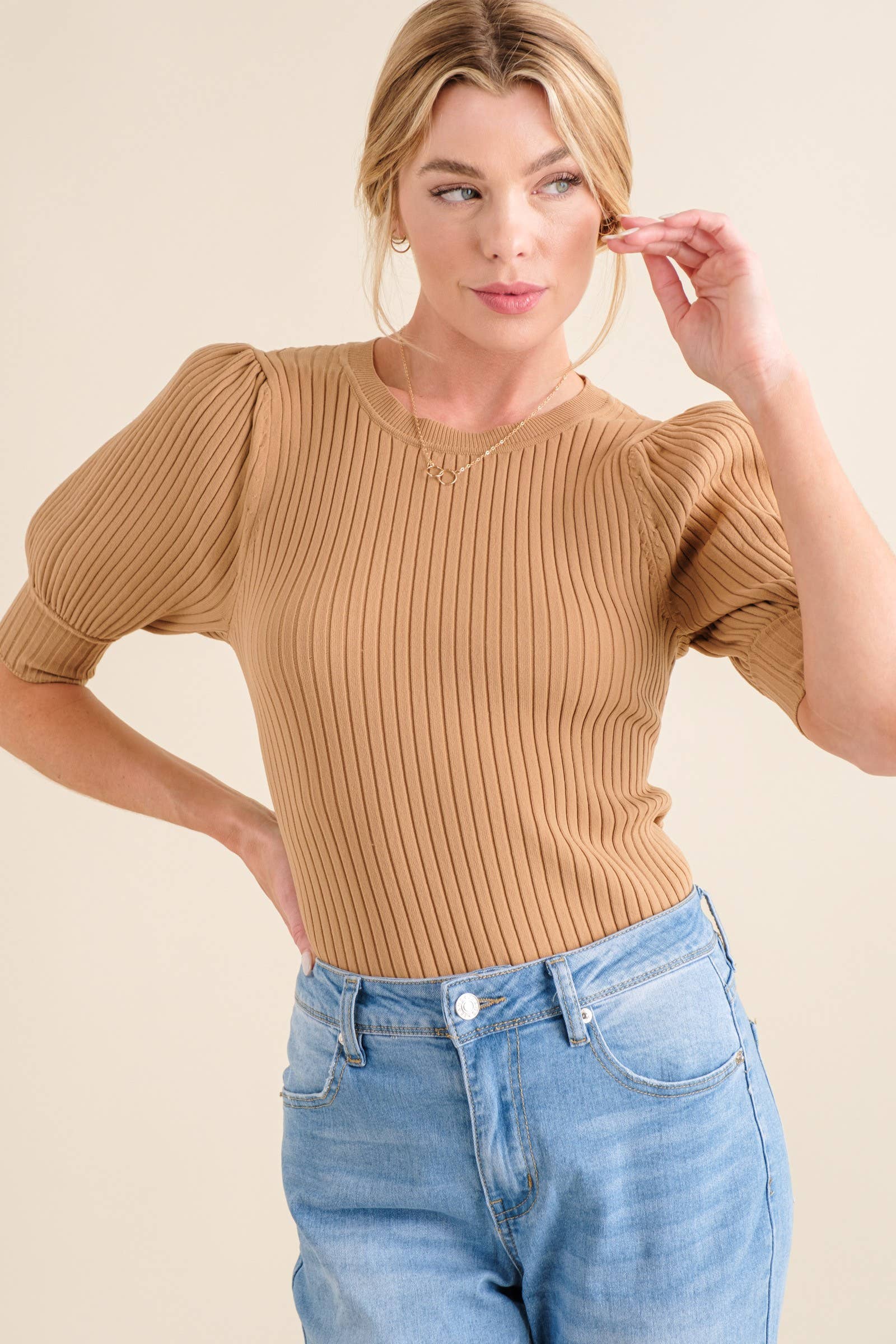 Puffed Half Sleeve Ribbed Bodysuit