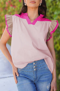 You Got This Pink Colorblock Ruffle Sleeve Blouse