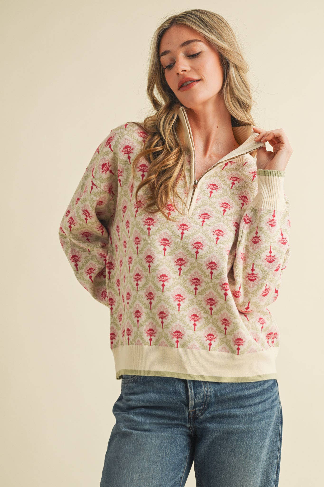 In The Air- Floral Half Zip Pullover