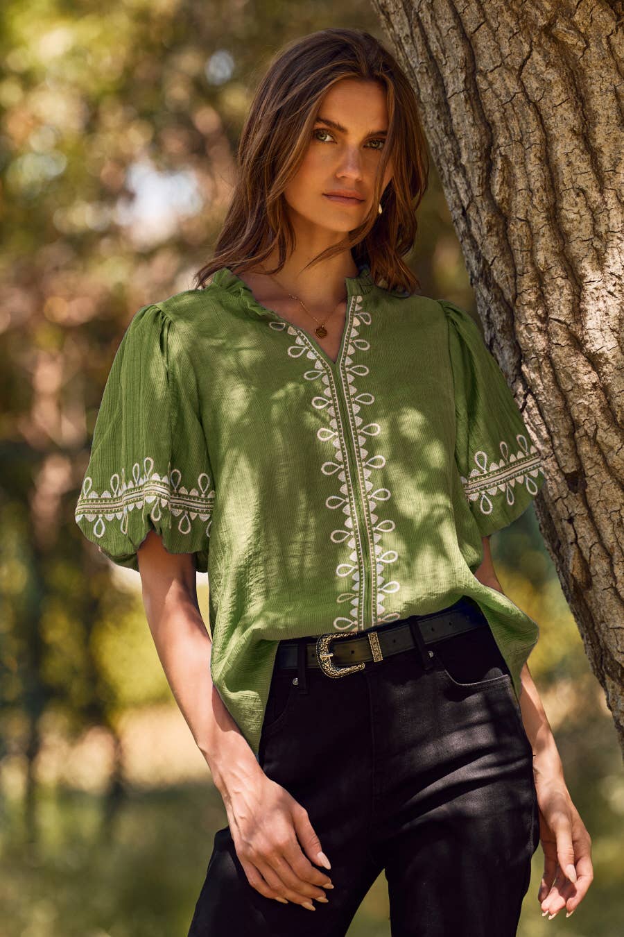 Just In Time ~ Olive Embroidered Blouse