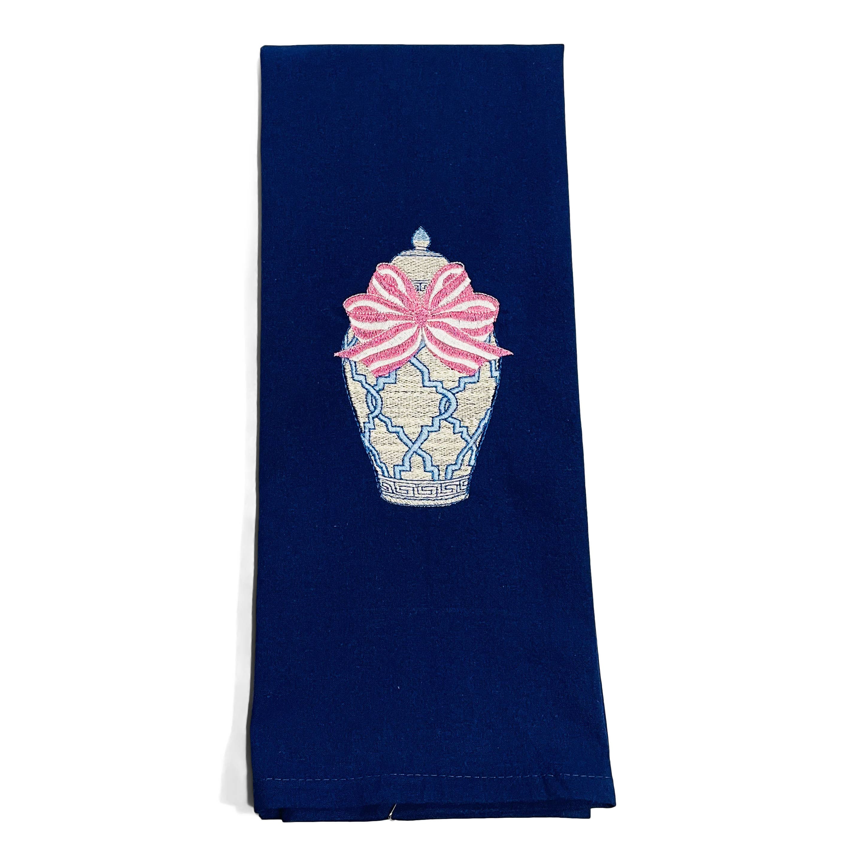 Towel - Ginger Jar with Pink Bow on navy
