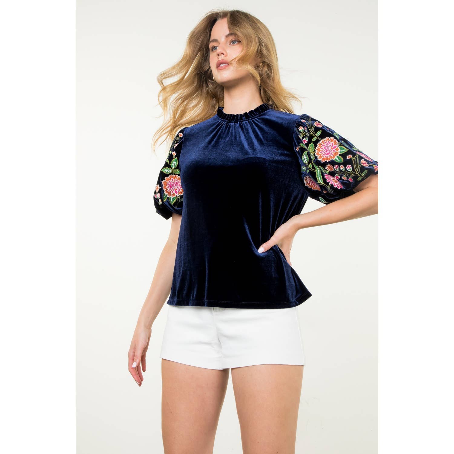 Navy Velvet Floral Puff Sleeve Top