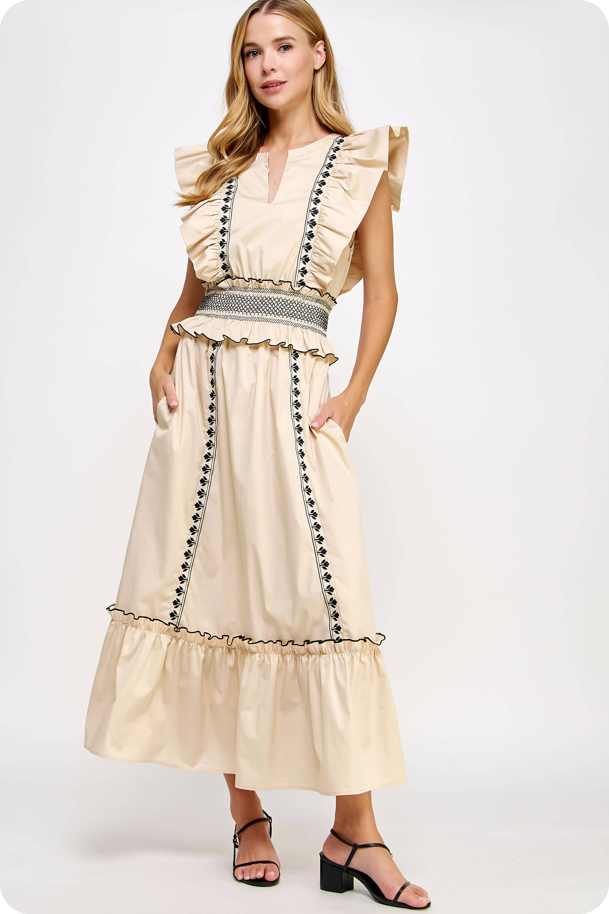 Just The Best~ Contrast Embroidered Ruffle Sleeve Maxi