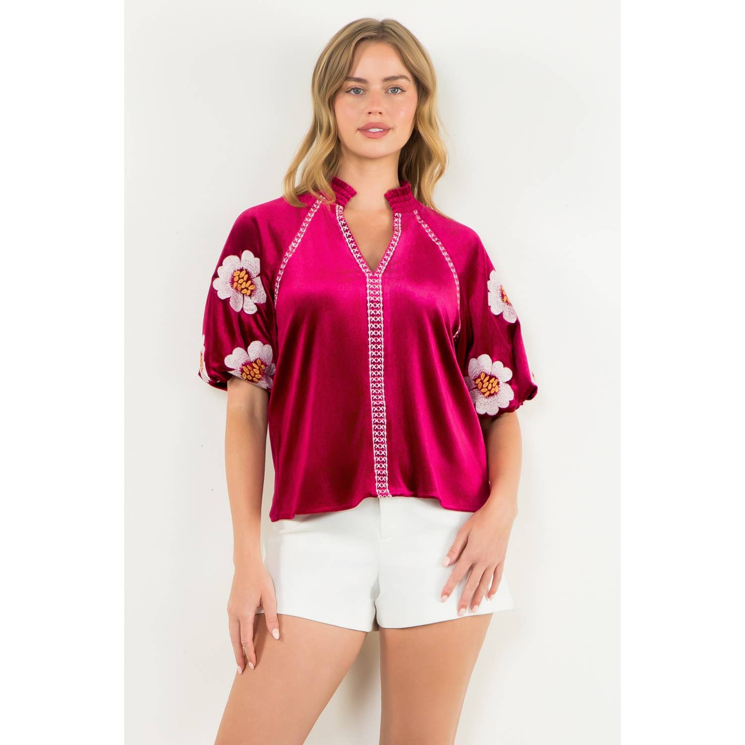 Magenta Velvet Puff Sleeve Top