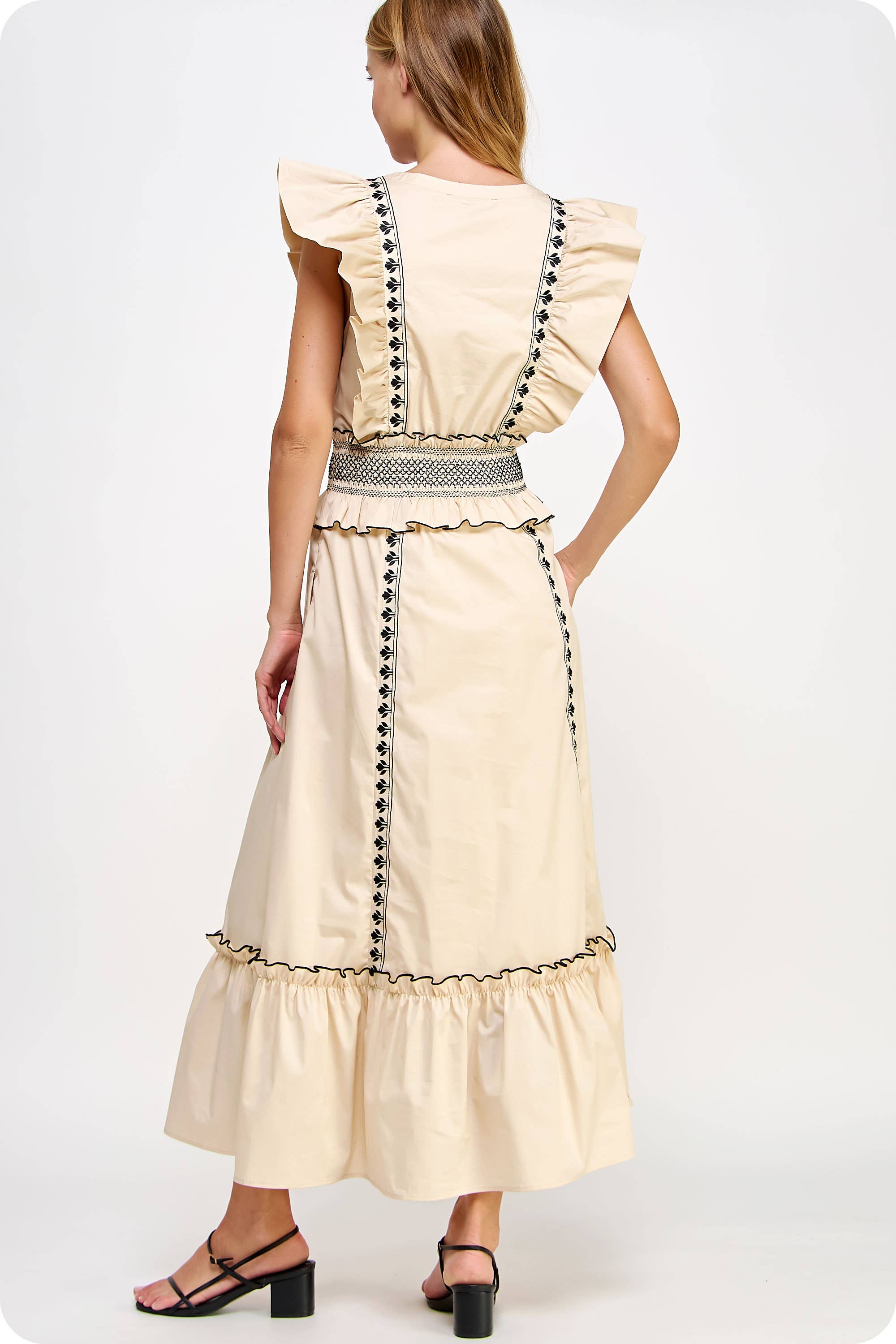 Just The Best~ Contrast Embroidered Ruffle Sleeve Maxi