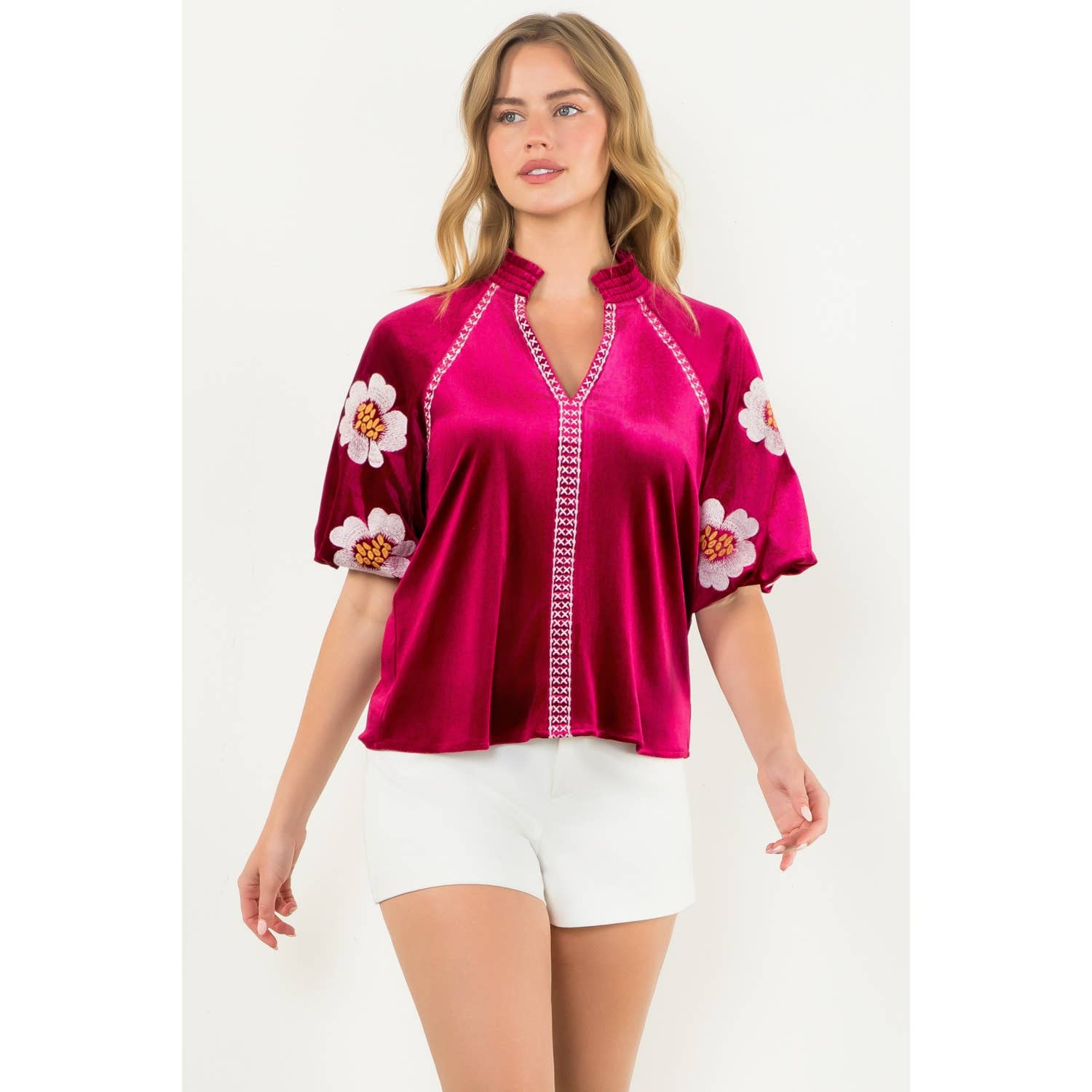 Magenta Velvet Puff Sleeve Top
