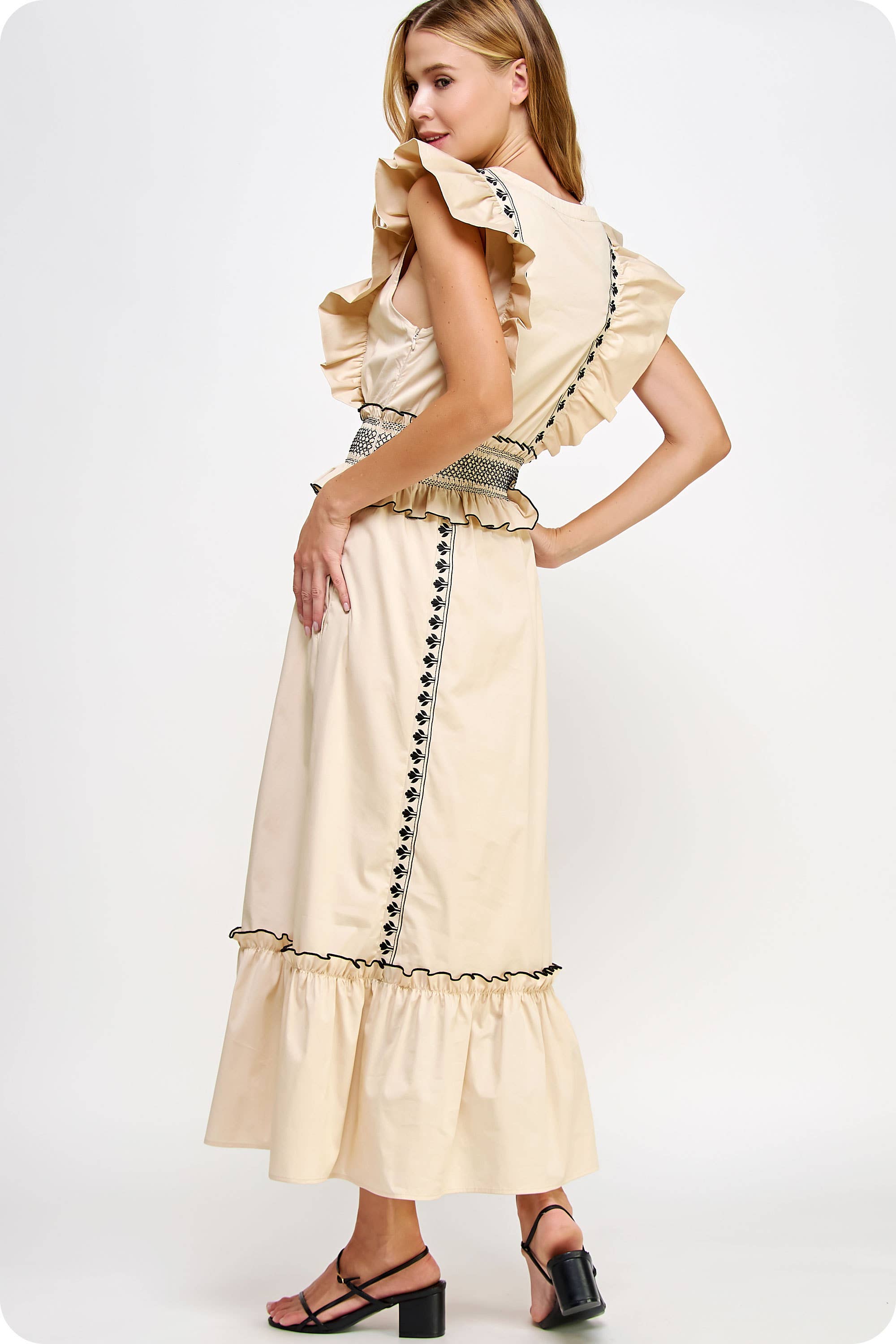 Just The Best~ Contrast Embroidered Ruffle Sleeve Maxi