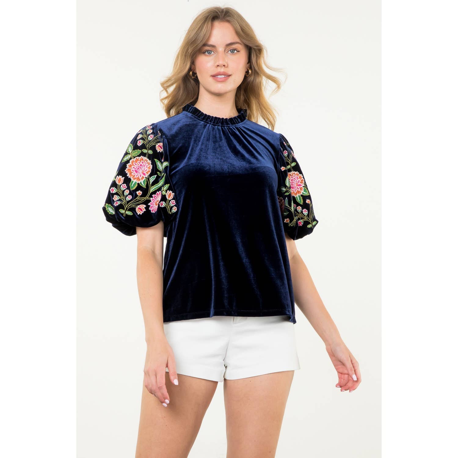 Navy Velvet Floral Puff Sleeve Top