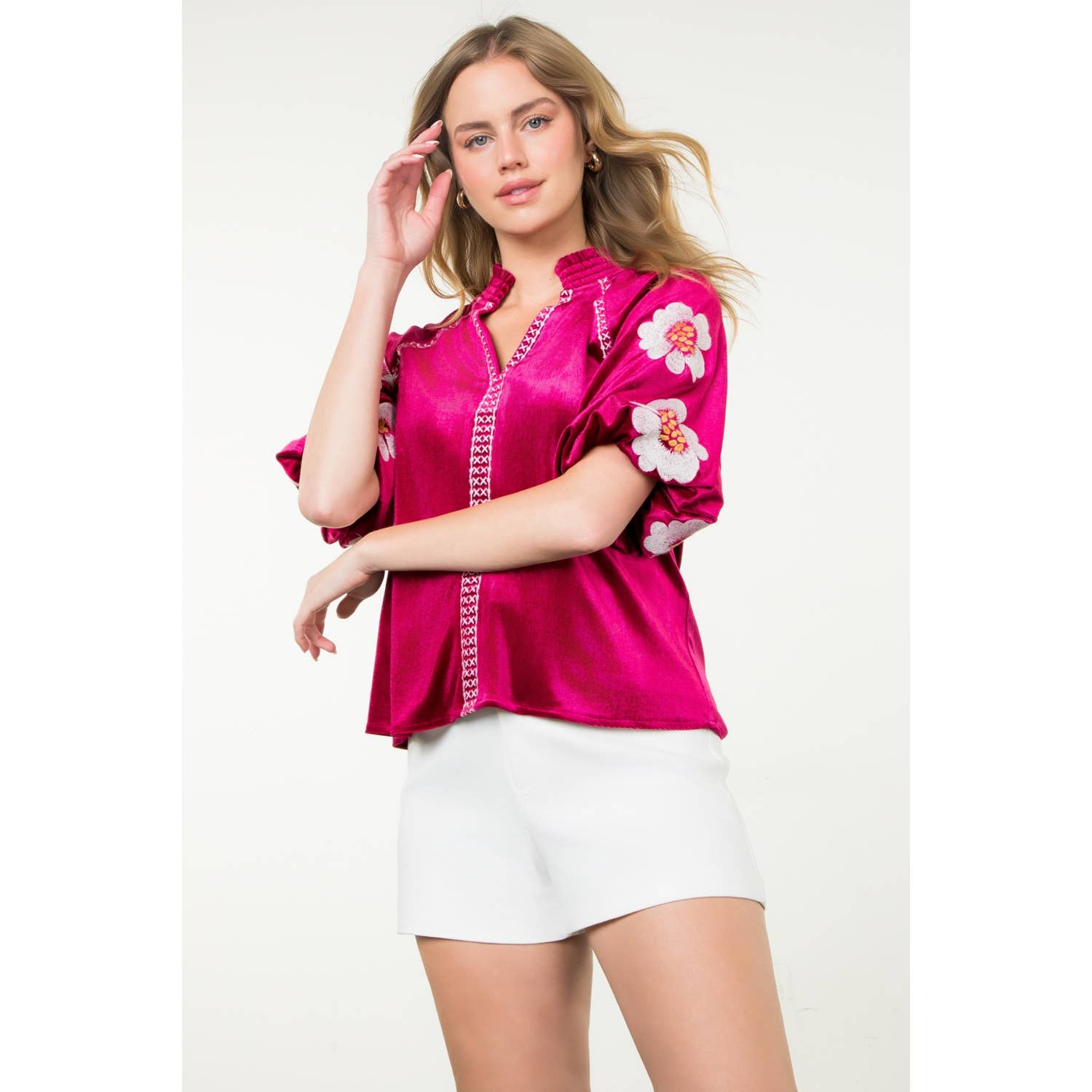 Magenta Velvet Puff Sleeve Top