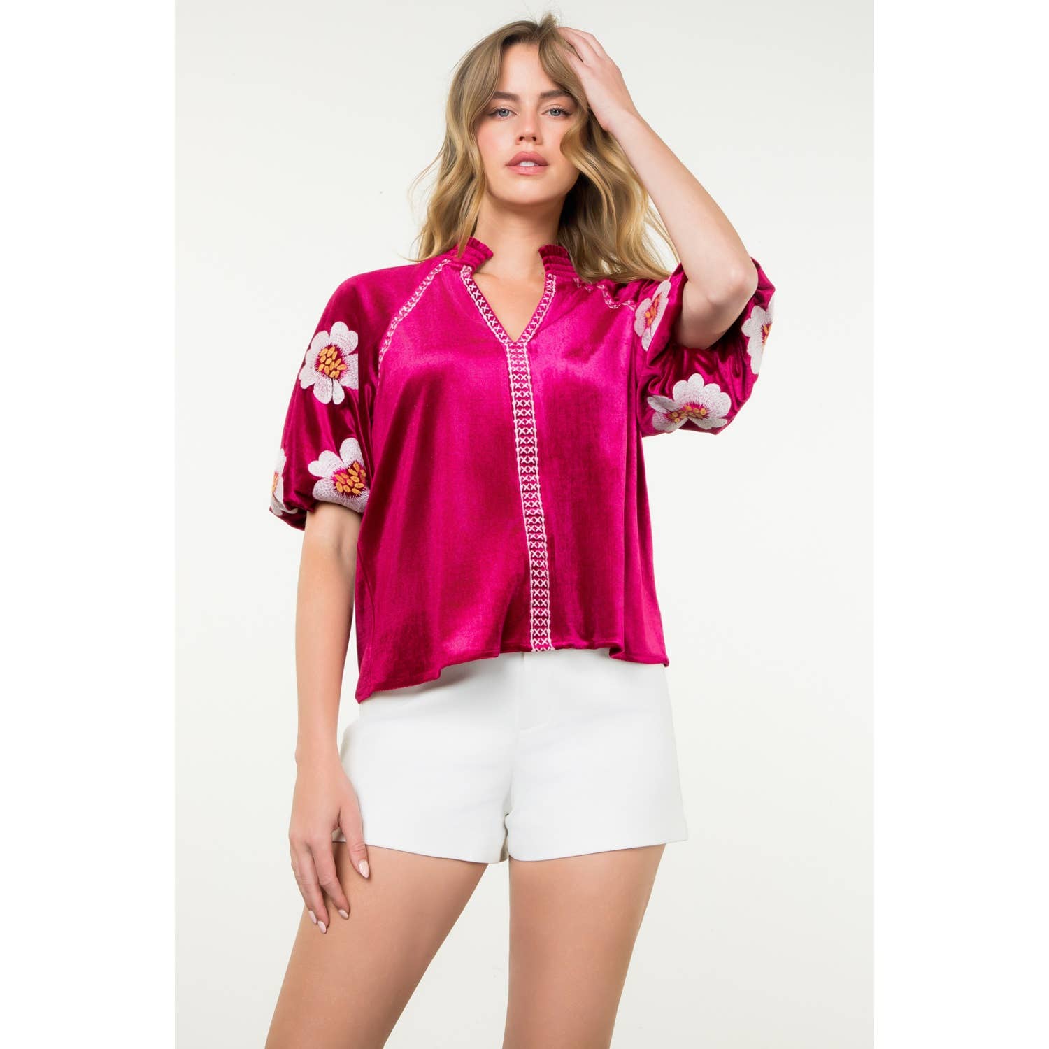 Magenta Velvet Puff Sleeve Top