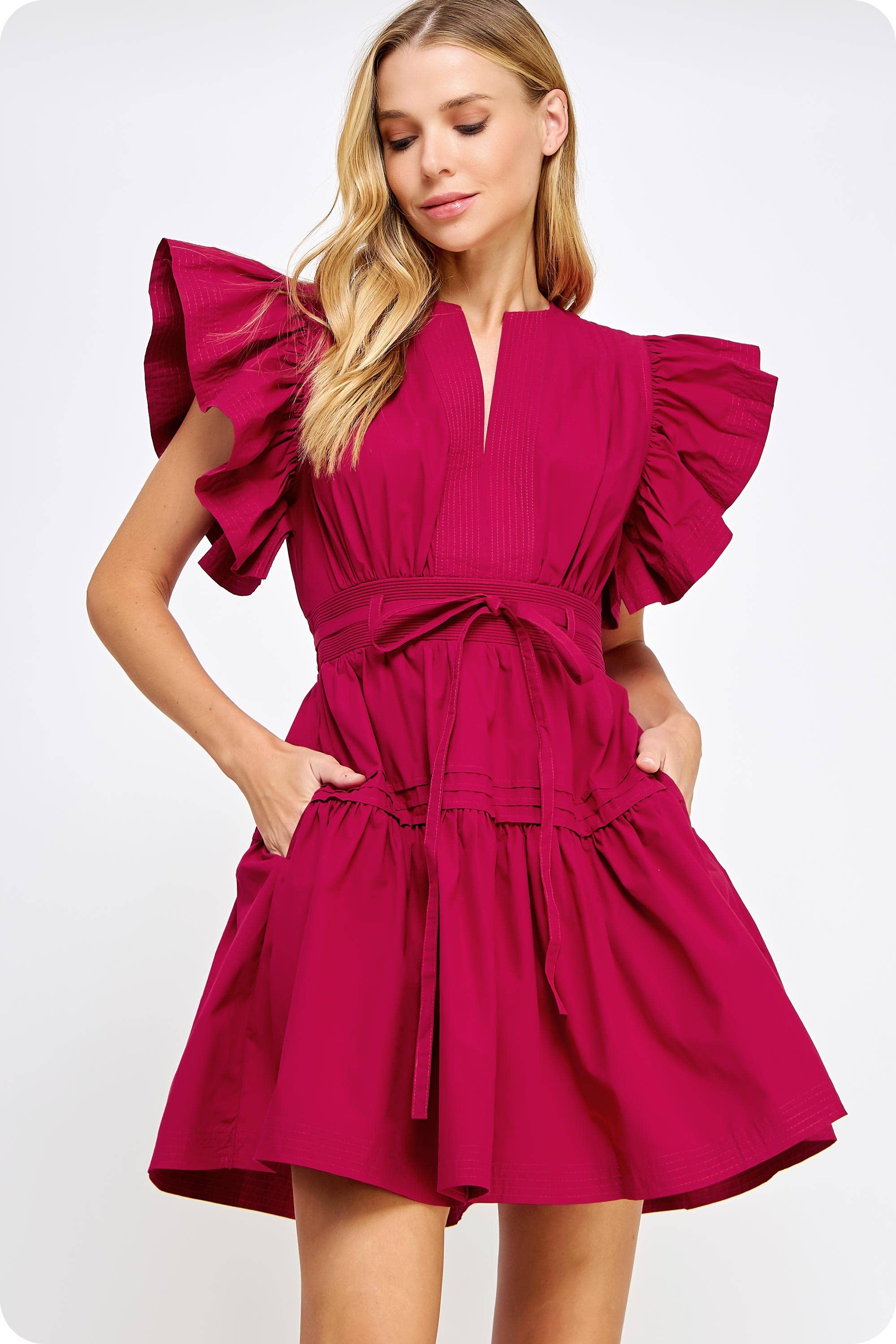 Fancy's Favorite~Maroon Flutter Sleeve Poplin Mini Dress