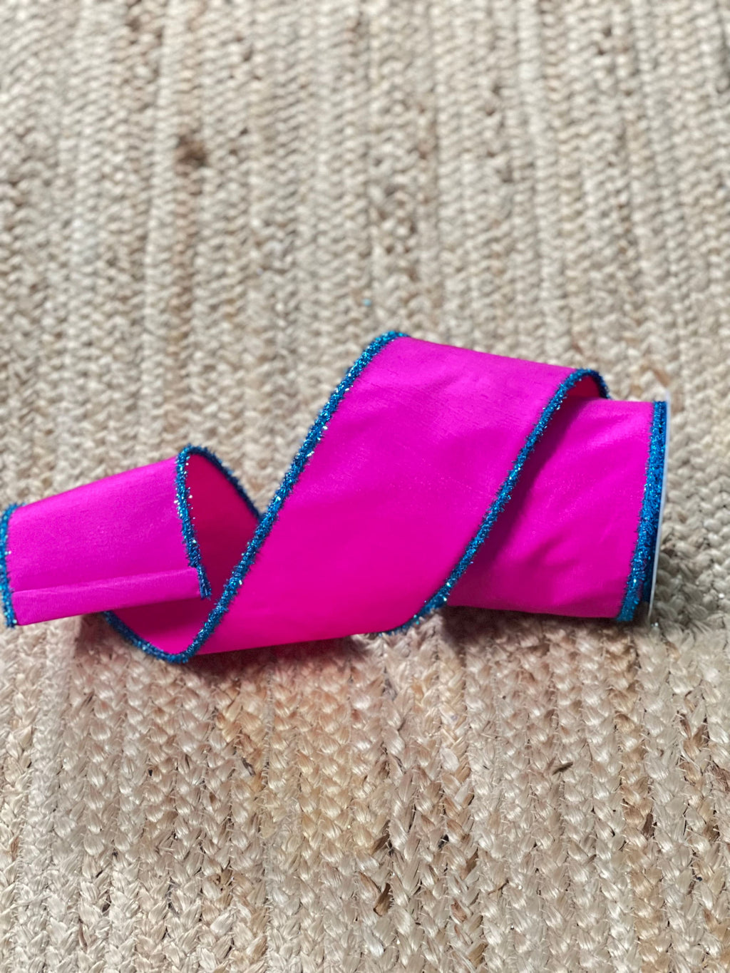 4 inch Hot Pink with Blue Tinsel Edge Ribbon ~ 10 yards ~ Wired