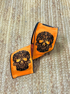 4 inch Orange w/ Black Velvet Glitter Skull ~ 5 YARDS ~ Wired