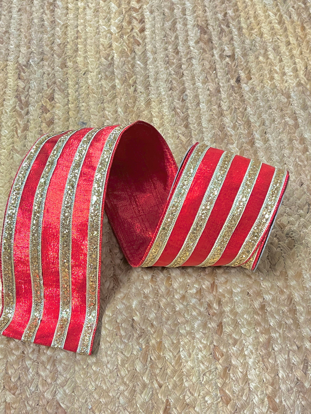 4 Inch Red and Gold Chunky Glitter Stripes ~ Wired ~ 5 yards