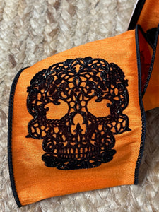 4 inch Orange w/ Black Velvet Glitter Skull ~ 5 YARDS ~ Wired