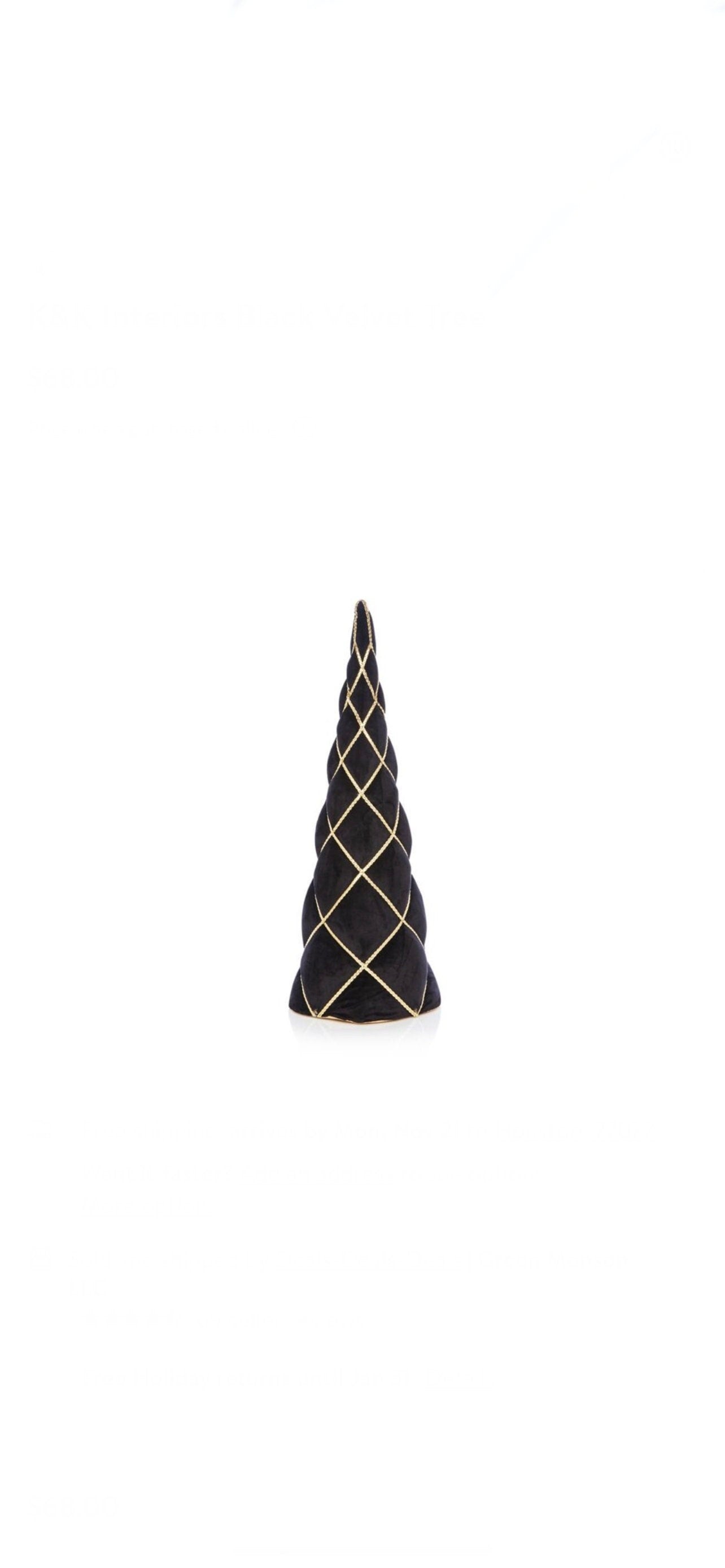 Black Velvet Cone Tree with Gold Braid ~ 22 inch