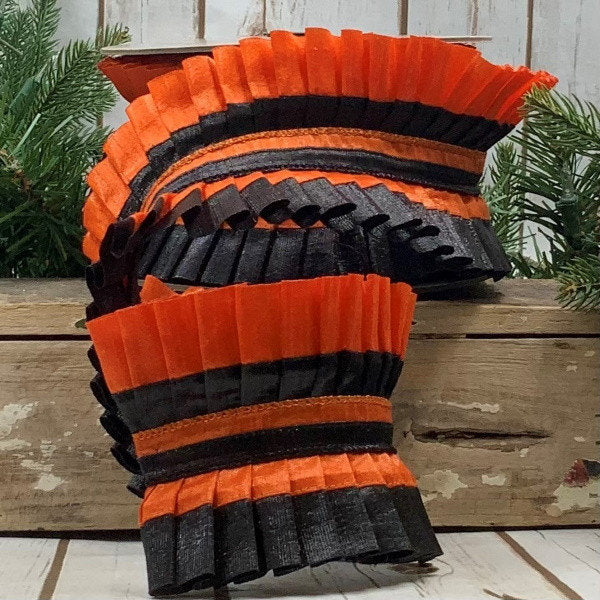 4 inch Pleated Orange & Black  Halloween Ribbon - 5 yards - Wired - D Stevens