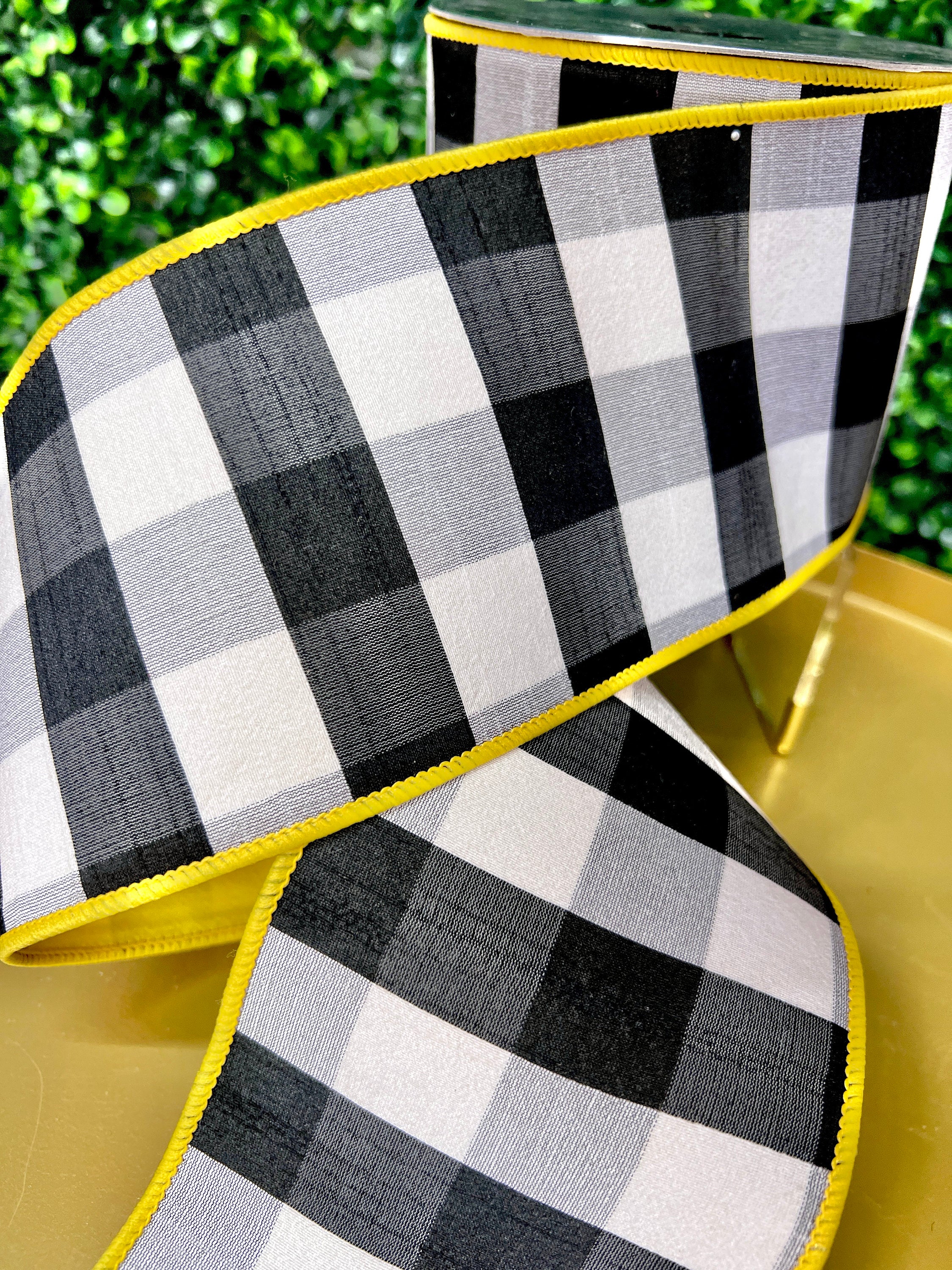 4 inch Farrisilk Black & White Check Plaid w/ Yellow Back~ 10 yards ~ Wired