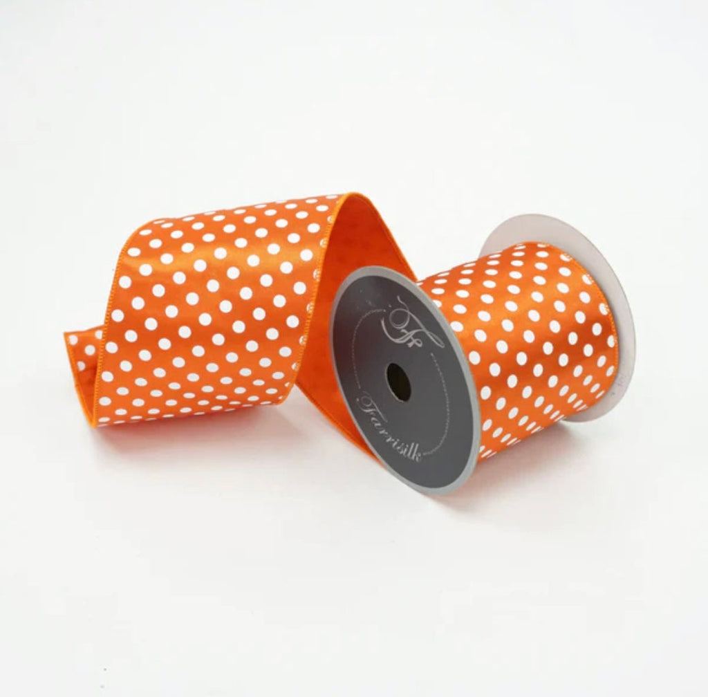 4” Farrisilk Mini Dots Orange with White Polka Dot ~ 10 yards ~ Wired