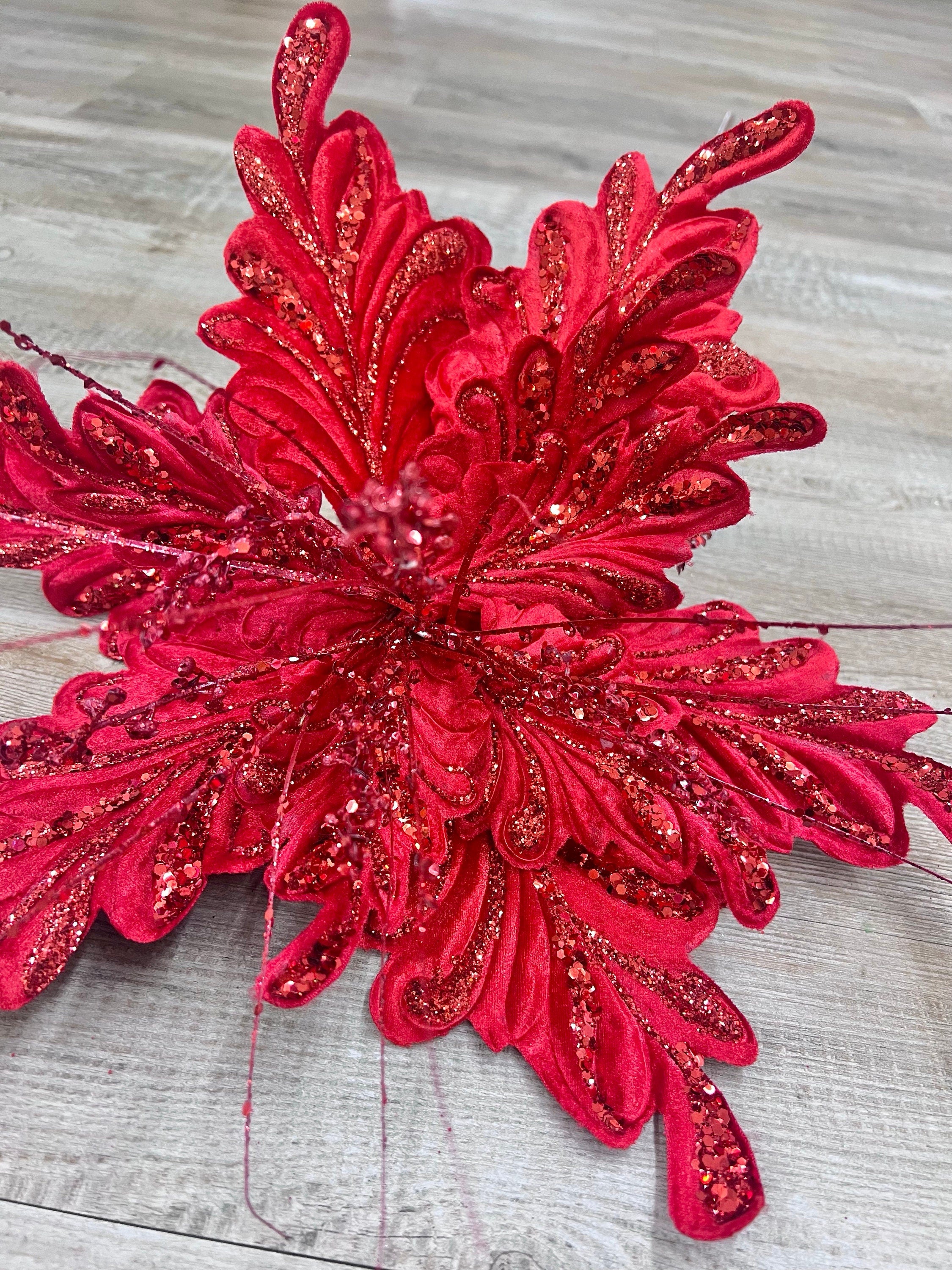 Red Fancy Floral Stem, Red Poinsettia Stem for Christmas Tree, Red Christmas Tree Decorations, Red Jeweled Poinsettia for Wreaths