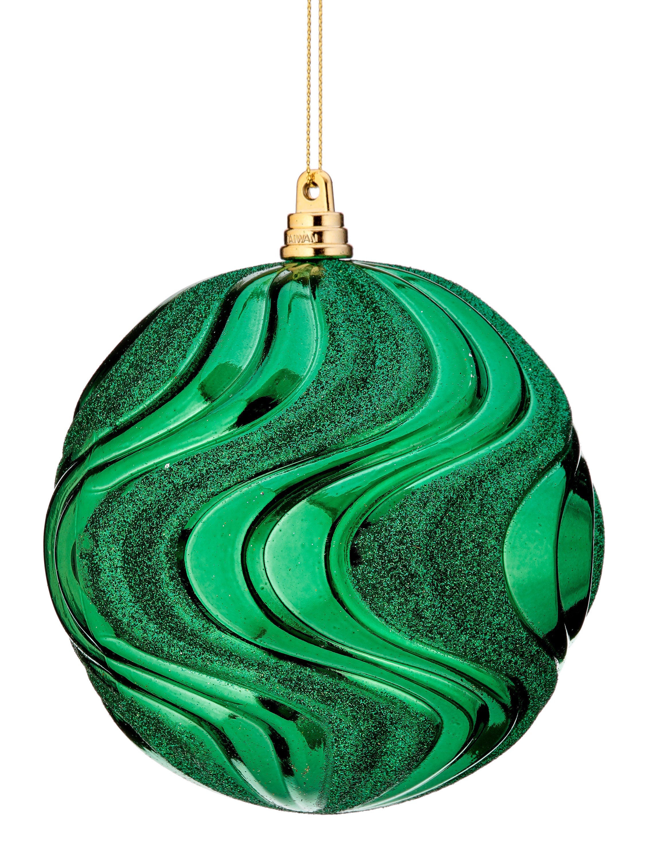 Box of 3 Green Glittered Rippled Ball Ornament - 5 Inch