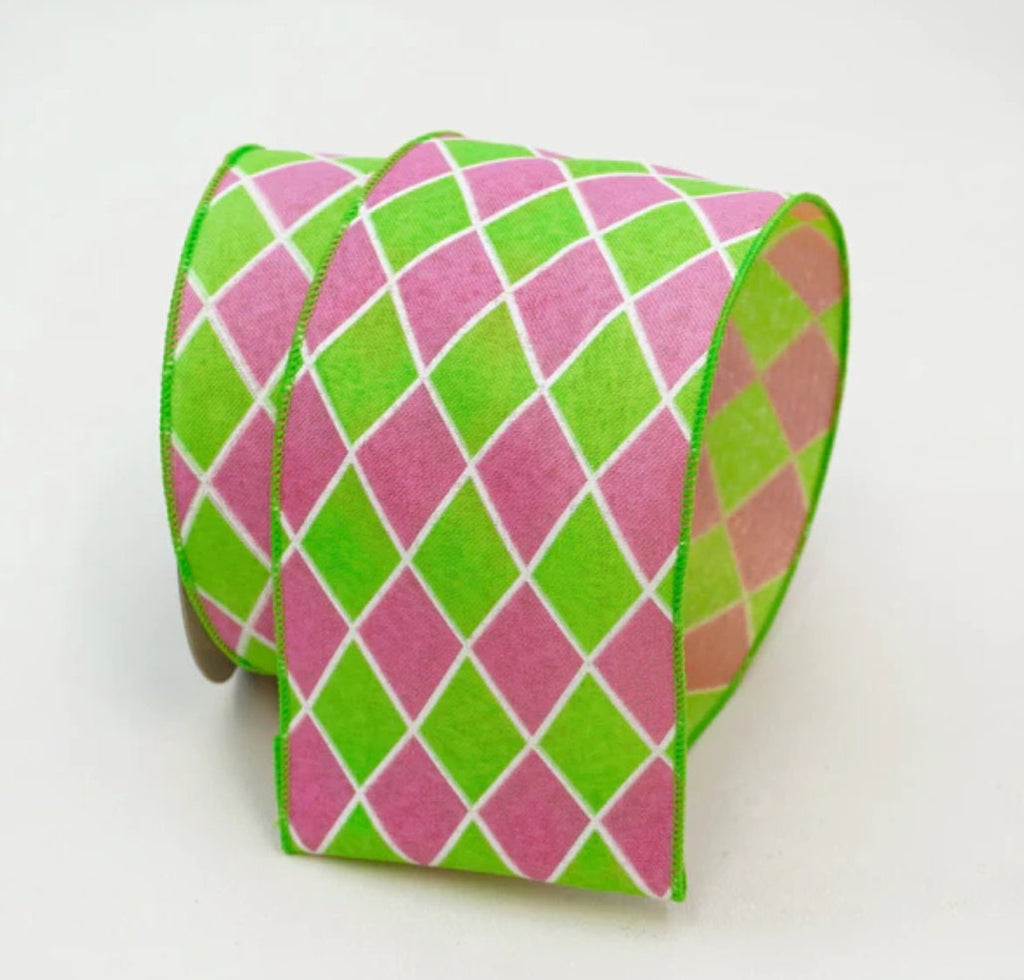 4 Inch Pink and Lime Bright Diamonds ~ 10 yards ~ Wired ~ Farrisilk