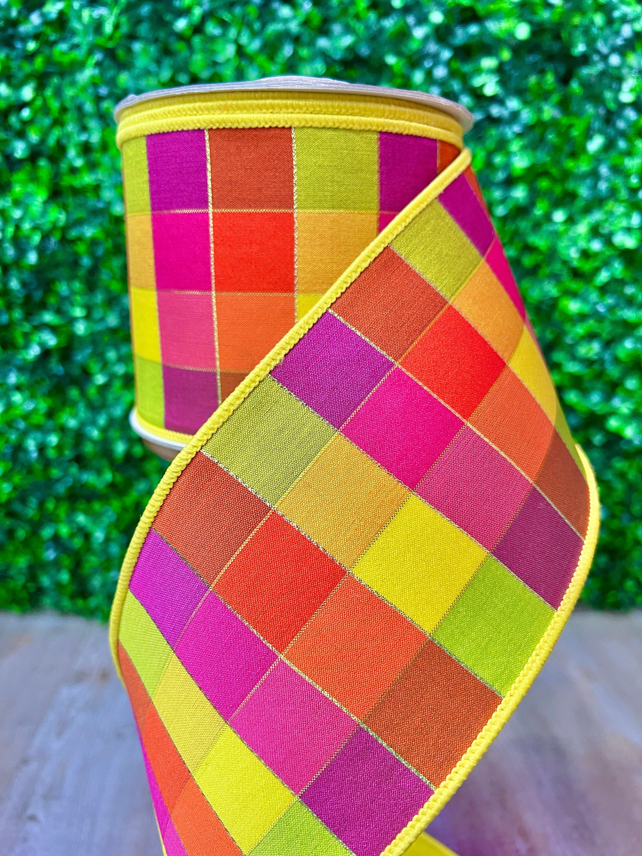 4 inch Hot Pink & Lime Sedona Checks Plaid Ribbon ~ 10 yards ~ Wired ~ Farrisilk